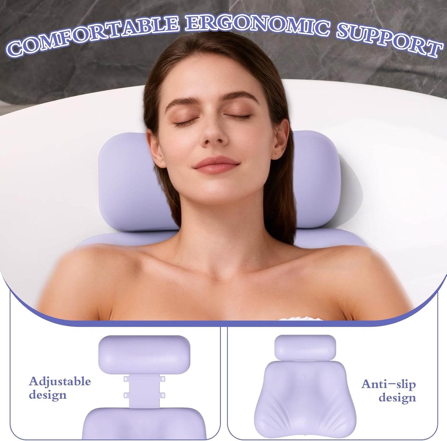 Silicone Bath Pillow, Upgraded Bath Pillows for Tub, Adjustable Height Bathtub Pillow for Head and Neck, 4D Luxury Tub Pillow Skin-Friendly Large Suction Cups Stability, Spa Relaxation-Purple