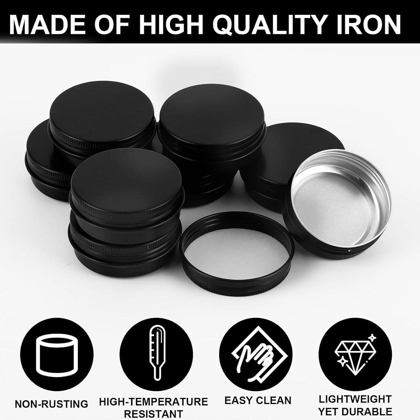 OBKJJ 102 Pack Round Cans with Screw Lid 1 OZ Aluminum Metal Tins,for DIY homemade lotion bars, salves, and candles, Balms, Spices, Beard Balm, Crafts with 4 Markers 5 Sheets Label Stickers (Blcak)