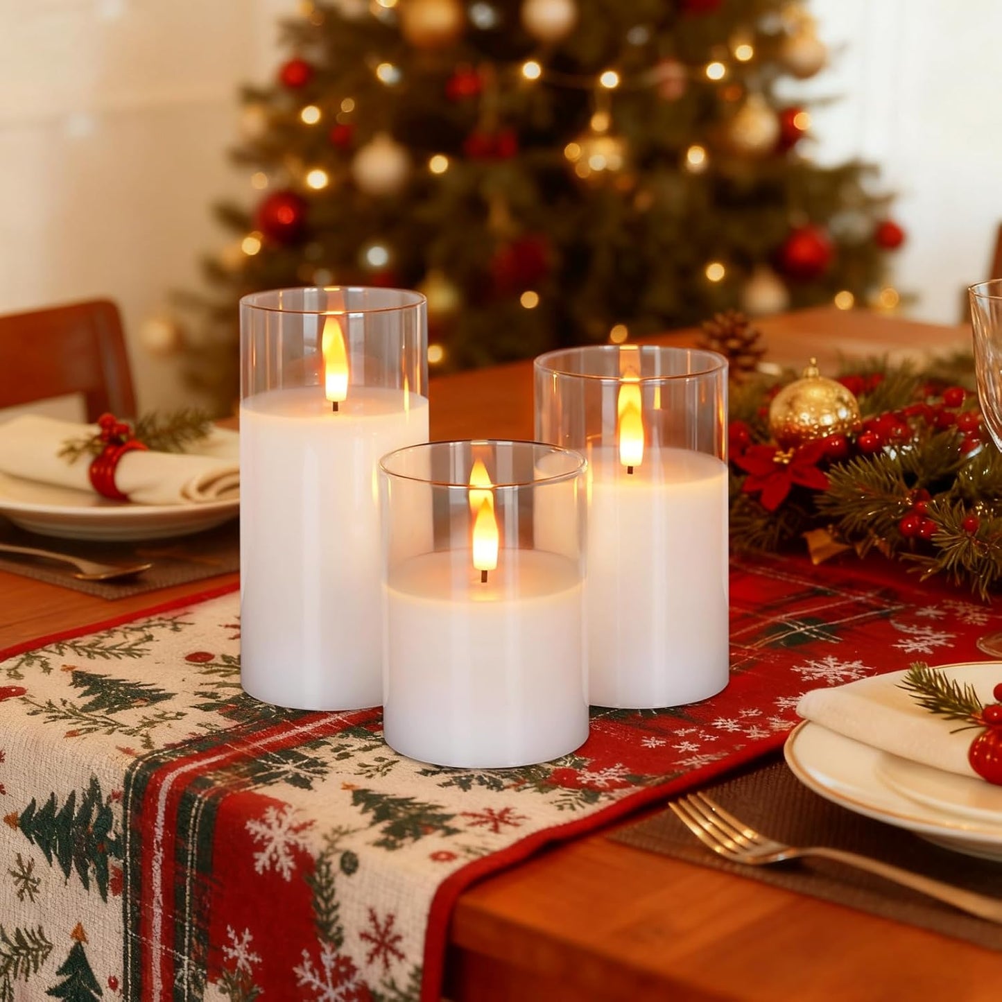 Amagic Clear Glass Flameless Candles Battery Operated with Timer, Remote Control, LED Pillar Candles, Battery Powered, Valentine's Day Decor, Pure White Wax, Set of 3