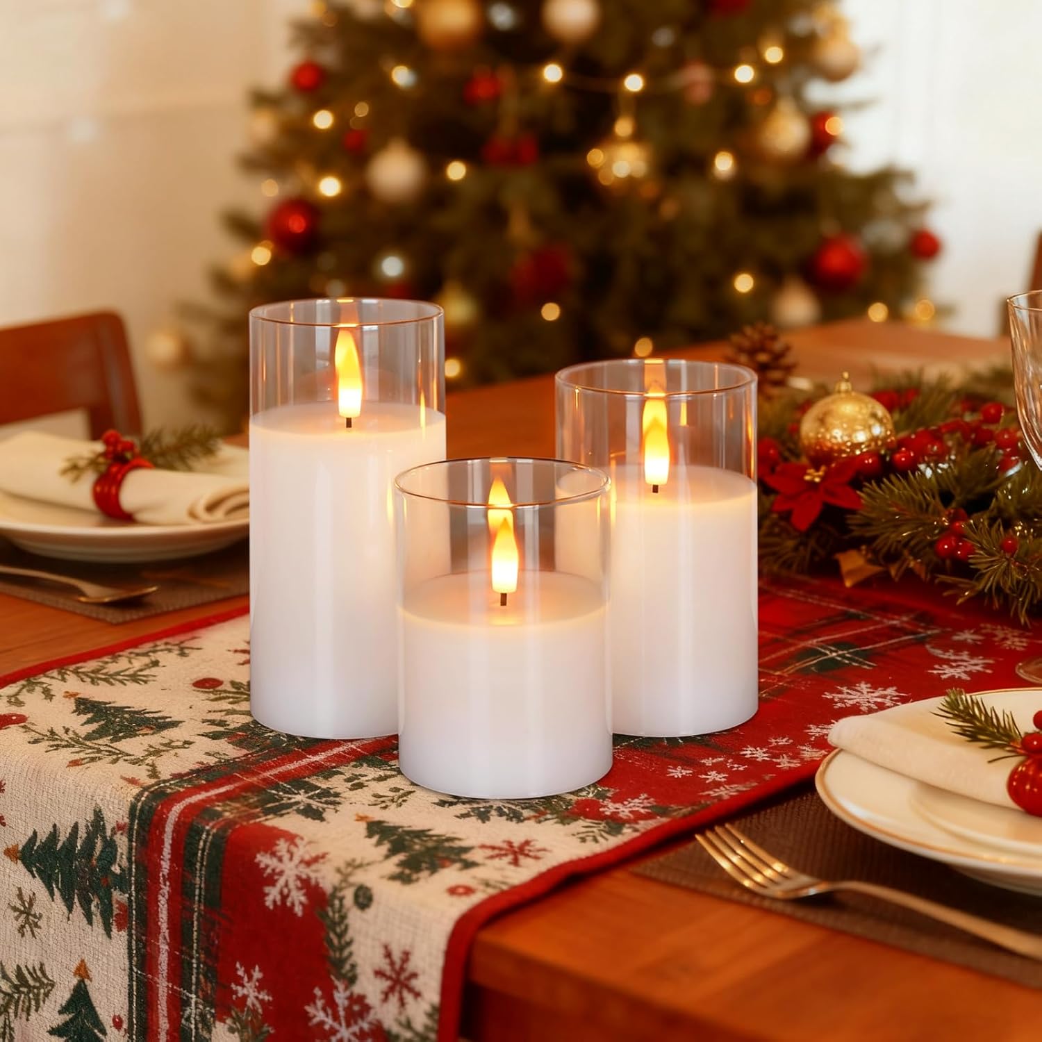 Amagic Clear Glass Flameless Candles Battery Operated with Timer, Remote Control, LED Pillar Candles, Battery Powered, Valentine's Day Decor, Pure White Wax, Set of 3