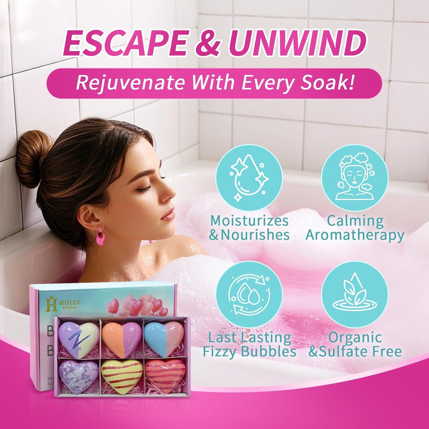 Bath Bombs Gift Set for Women – 6 Pack Extra Large 4.23oz Heart Shaped Natural Scented Bath Bombs with Essential Oils & Shea Butter – Relaxing Spa Gifts for Mom, Wife, Girlfriend