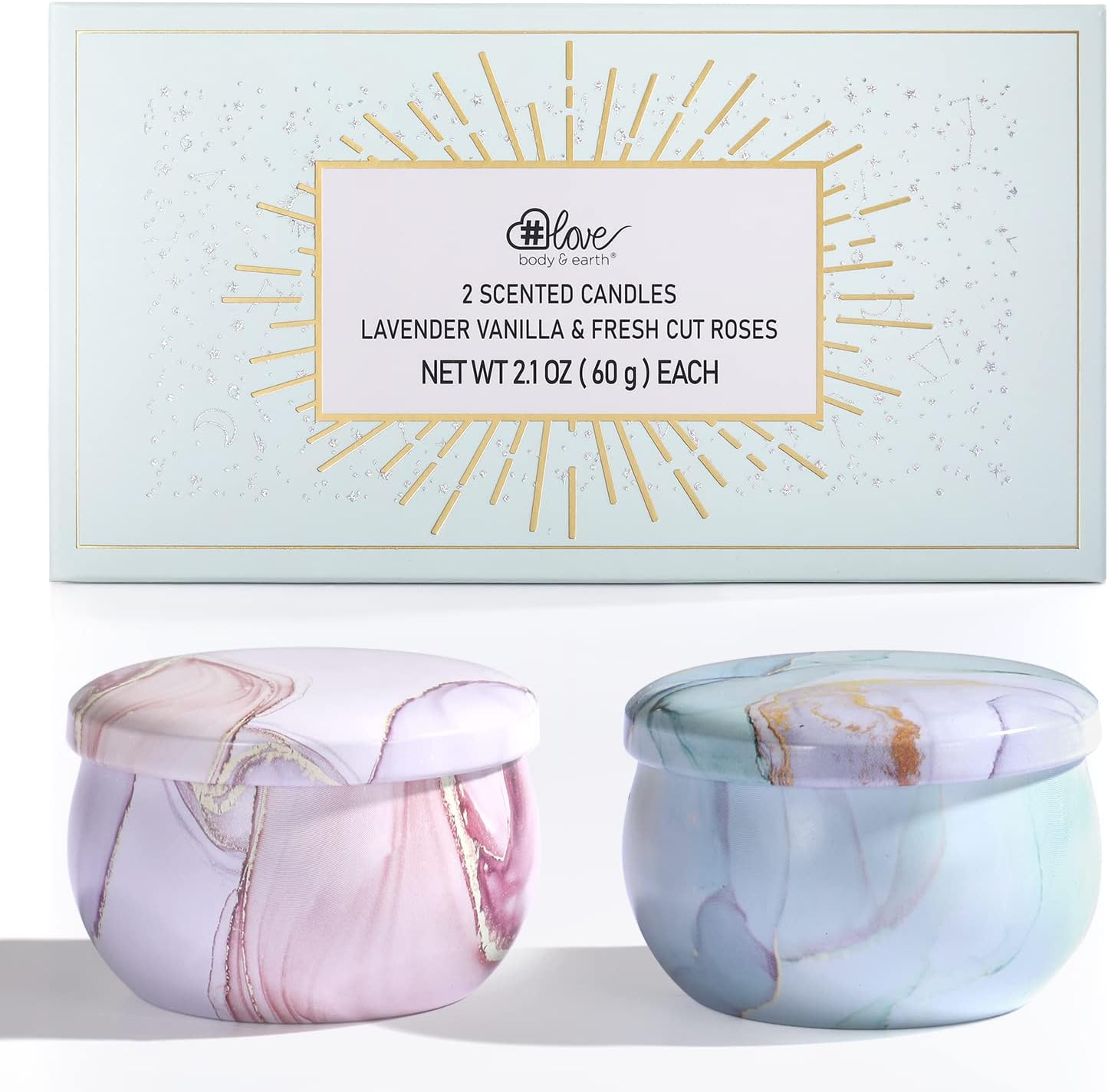2-Pack Soy Candles Gift Set - Lavender, Vanilla, Rose Scents in Portable Tin Jars - for Home, Travel, Spa