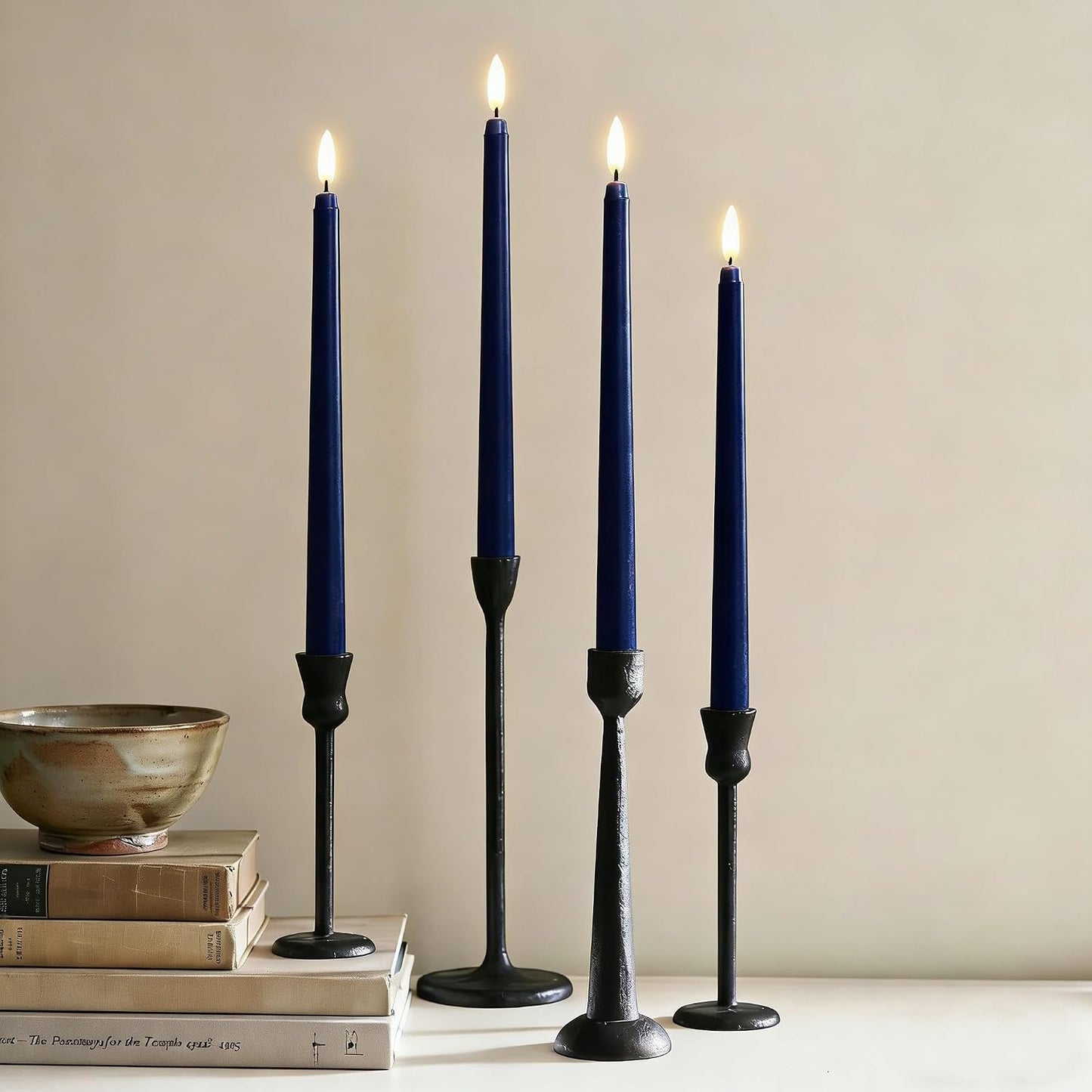 Navy Blue Flameless Taper Candles with Remote Timer, Flickering Battery Operated LED Candlesticks Home Decor Set of 12