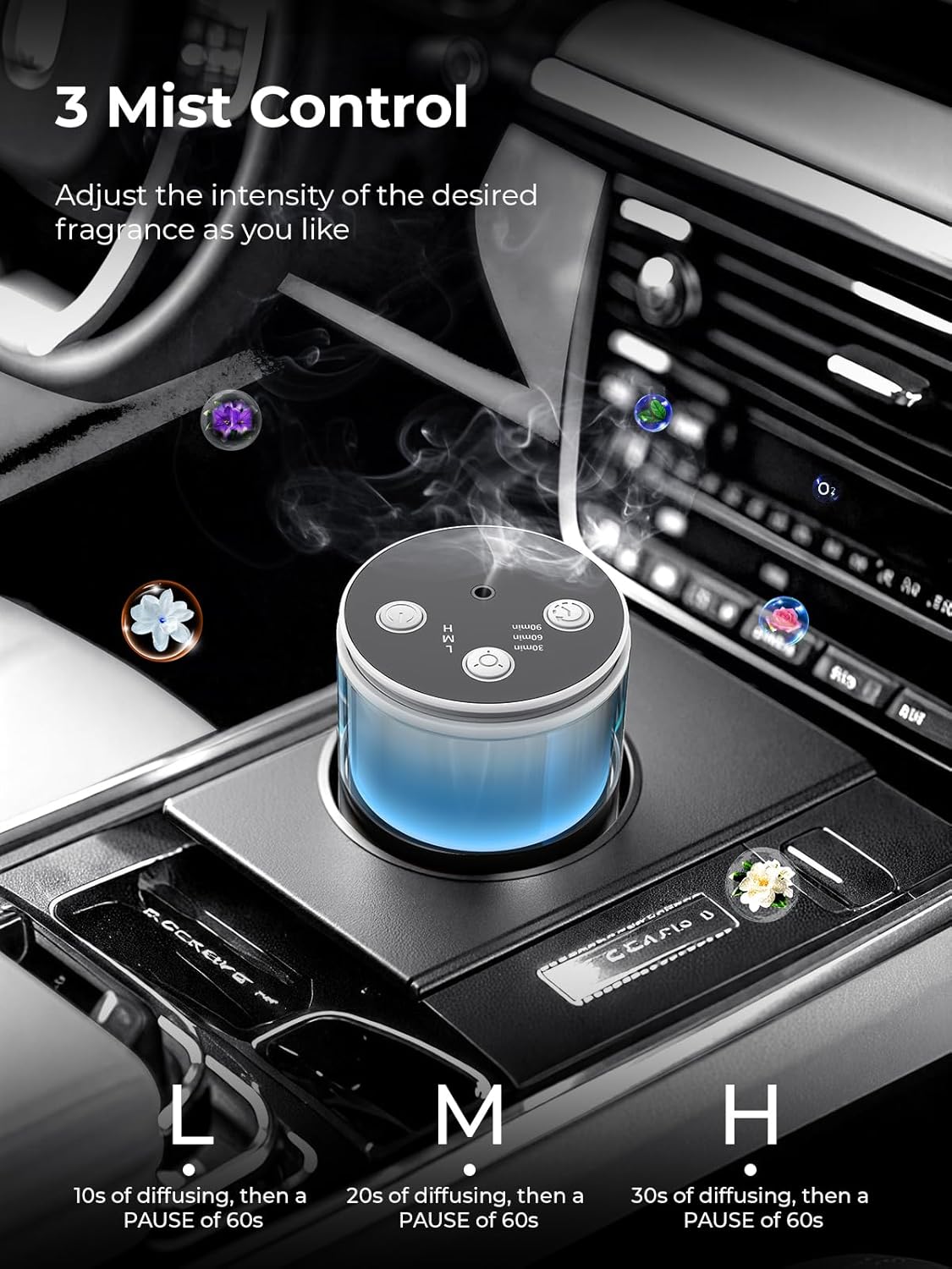 Waterless Essential Oil Diffuser: 𝟗 𝐂𝐨𝐥𝐨𝐫𝐬 𝐋𝐄𝐃 Scent Diffuser for Home&Car&Office - Portable Diffuser with 48H Battery, 4 Timers & 3 Mist Levels, Snow White