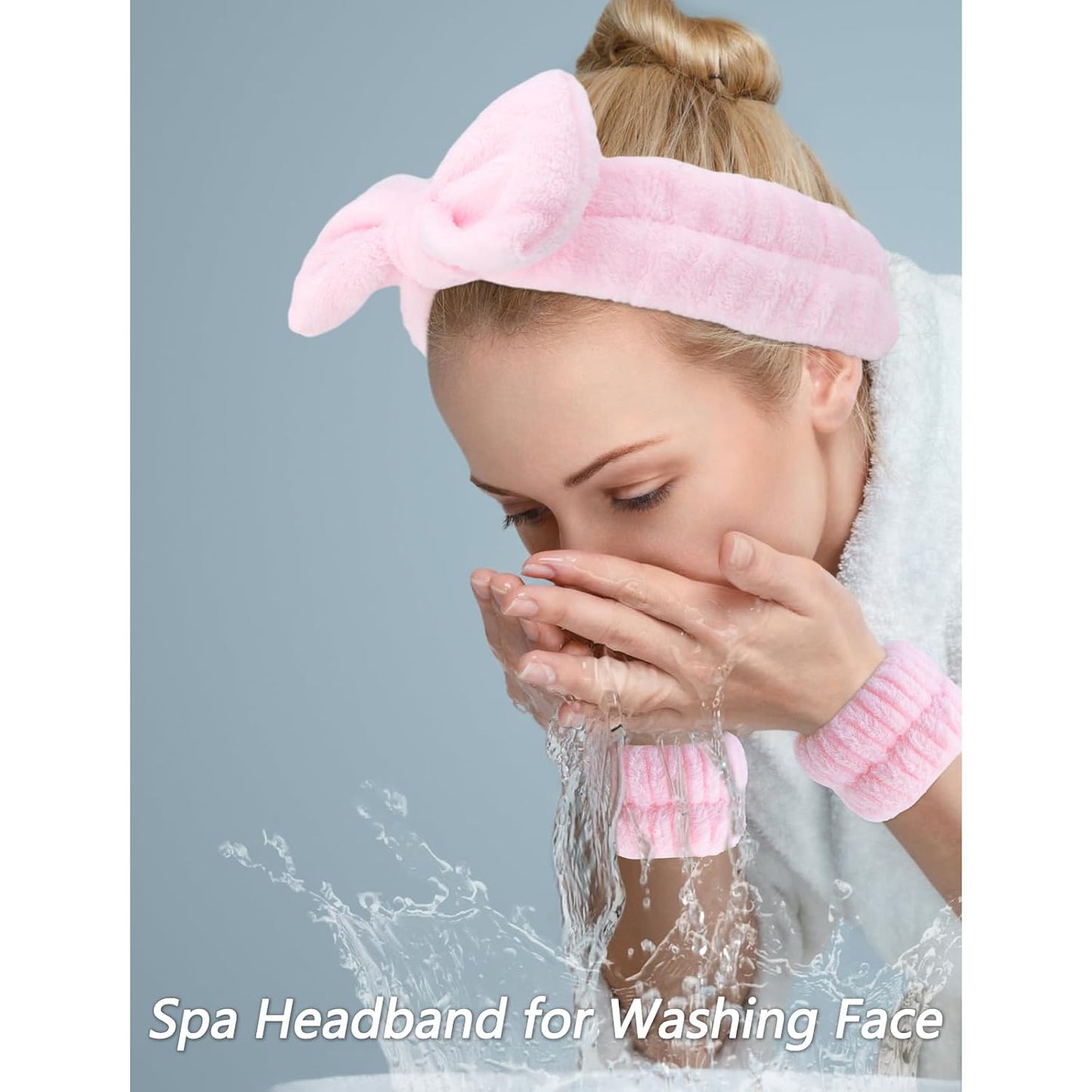 VELSCRUN Spa Headbands for Wash Face, Makeup Headband, Facial Skincare Headbands, 5 Pcs Pink Puffy Sponge Spa Headband Bow Tie Hair Band Hair Clips Wristband Set Women Girls Accessories