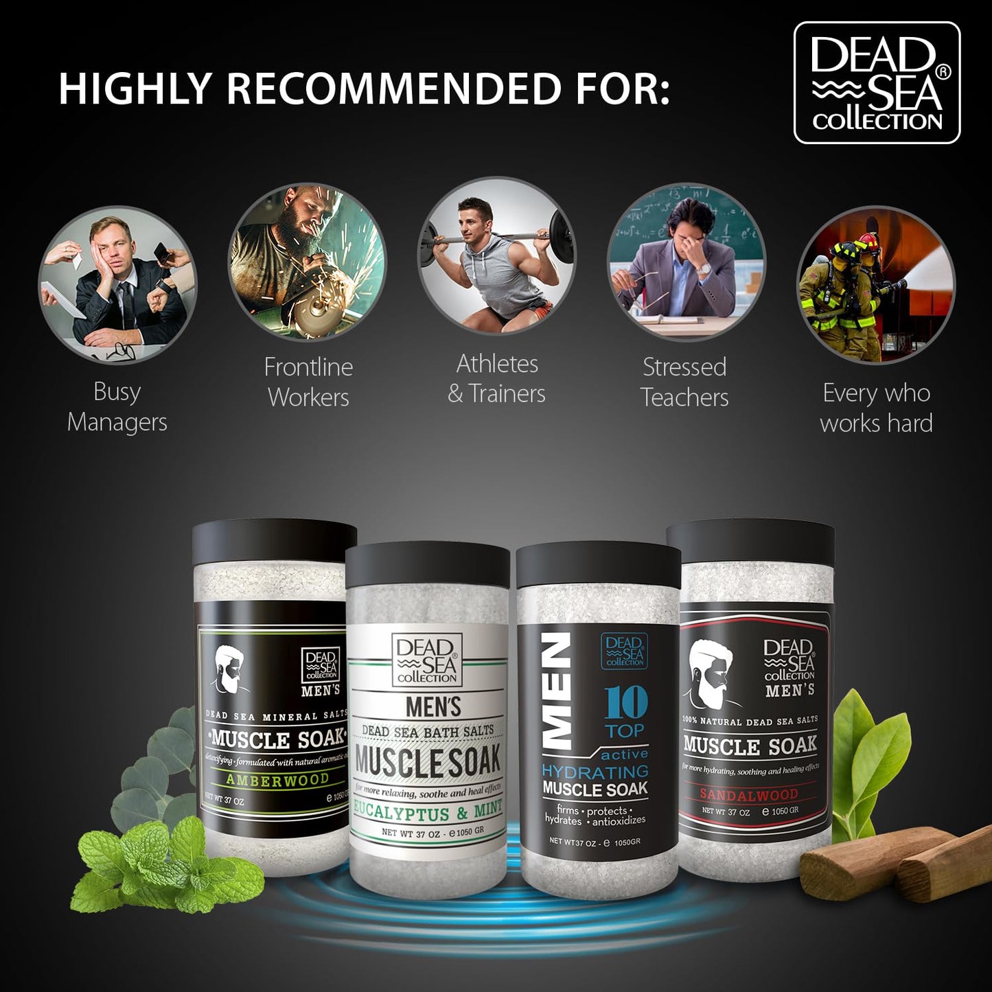 Dead Sea Collection Bath Salts for Men with Eucalyptus & Mint Oils - Muscle Recovery Bath Soak – Mens Pure Dead Sea Salt for Soothing and Relaxing - 37 Oz