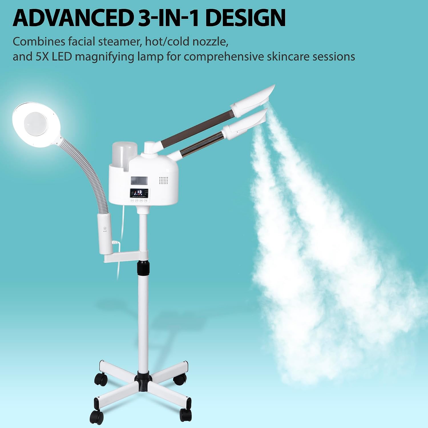 Professional 3 in 1 Facial Steamer Deep Cleaning Ozone Facial Steamer with 5X Magnifying Light & Rolling Wheels Hot/Cold Mist Function for Salon Spa Home Beauty Equipment, White