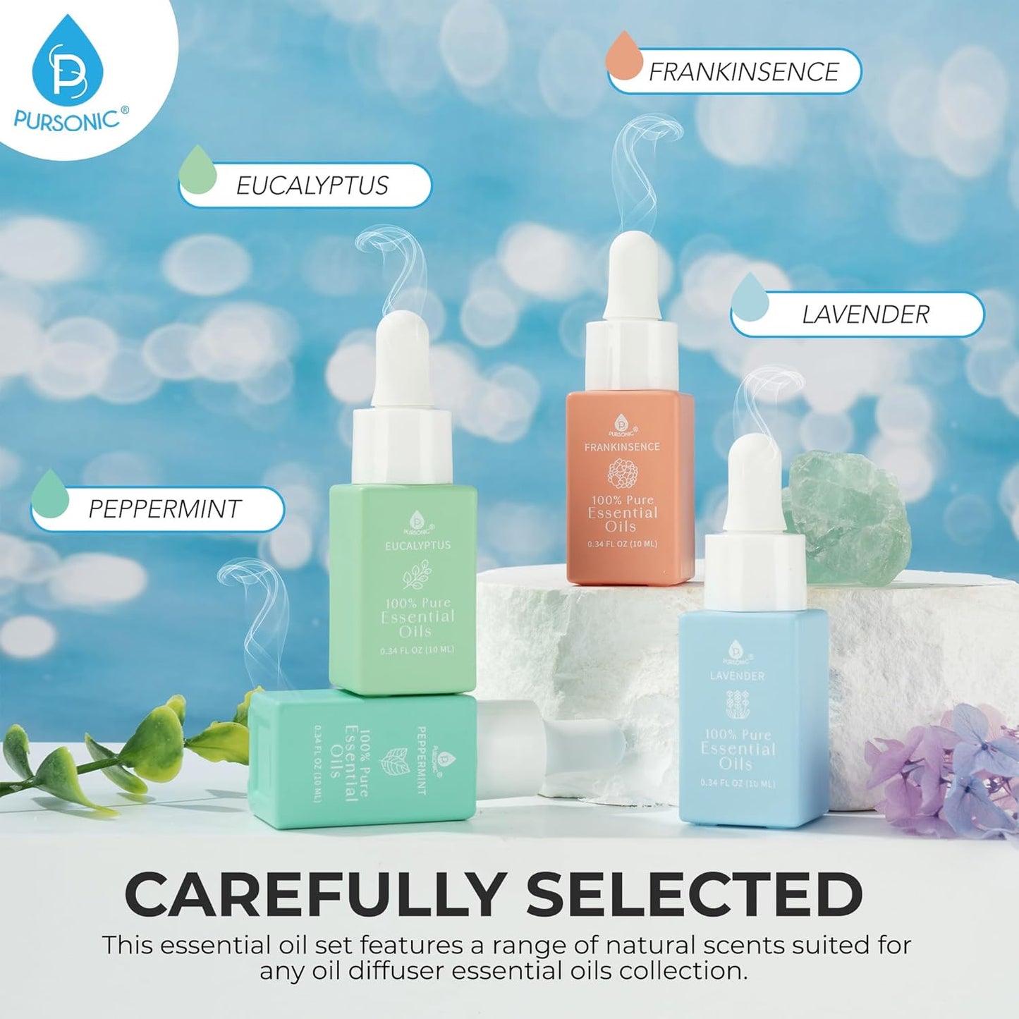 Natural Healing Power Essential Oils 100% Pure with Eucalyptus, Frankincense, Lavender, and Peppermint by Pursonic