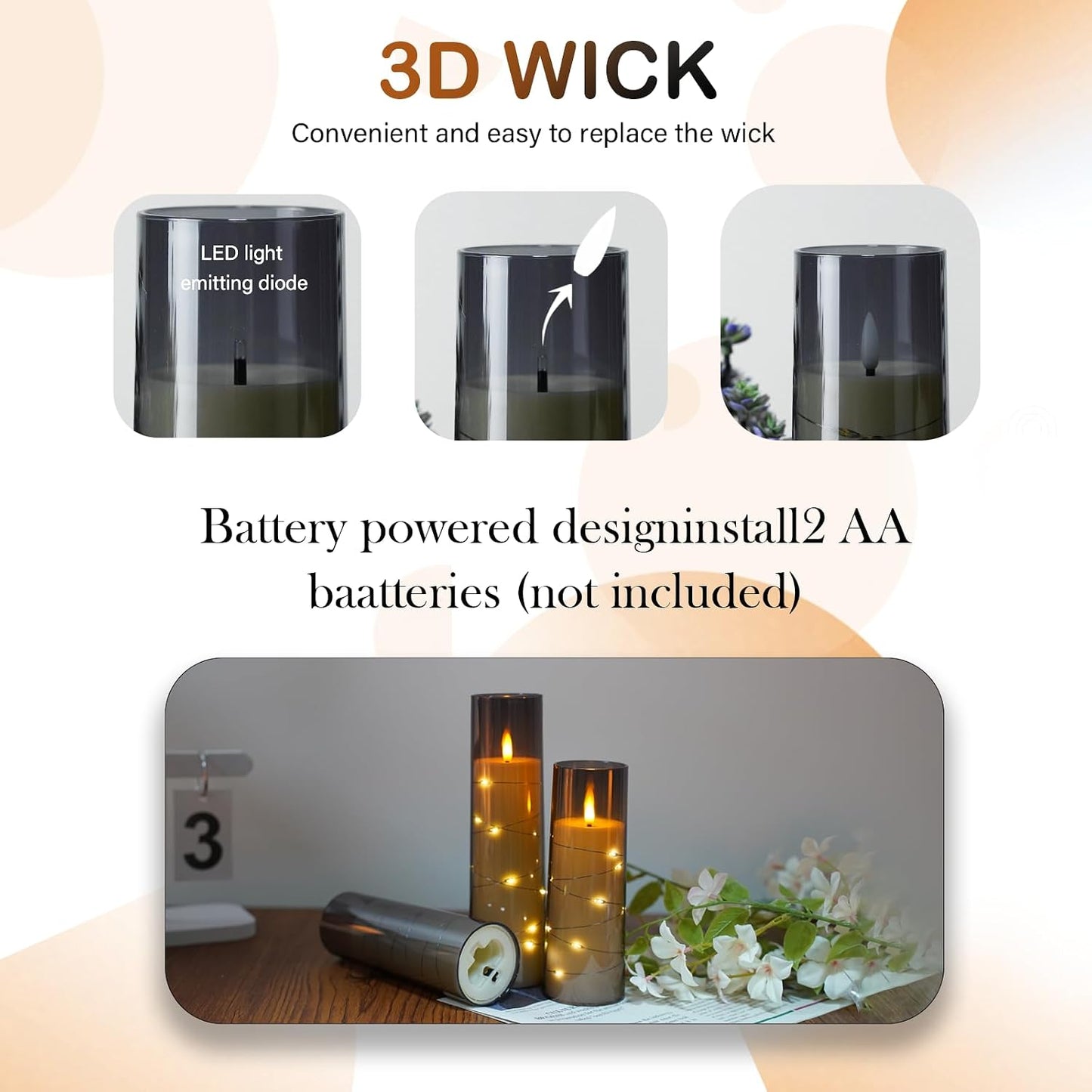 kakoya Flameless LED Candles with Timer 9 Pc Flickering Flameless Candles for Romantic Ambiance and Home Decoration Stable Acrylic Shell,with Embedded Star String，Battery Operated Candles（Grey）