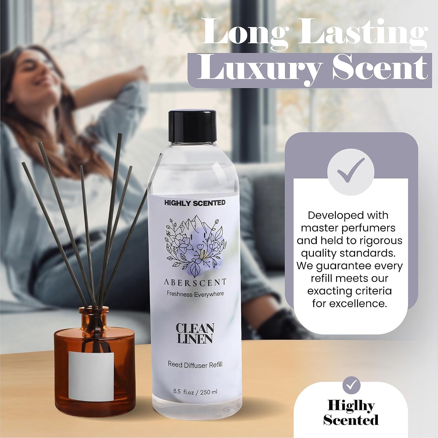 Clean Linen Aberscent Premium Reed Diffuser Oil Refill (8.5 Fl Oz/250ml) – Long-Lasting Fragrance Oil for Home, Office & Spa – Relaxing Scent, Luxury Hotel-Style Aroma