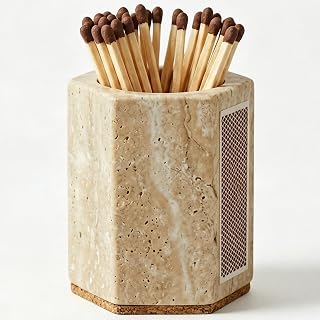 Hexagonal Travertine Match Holder with Striker, Luxury Natural Stone Matches Jar with Cork Base, Decorative Matchstick Holder for Candle & Fireplace - Unique Housewarming Gift, Matches Not Included