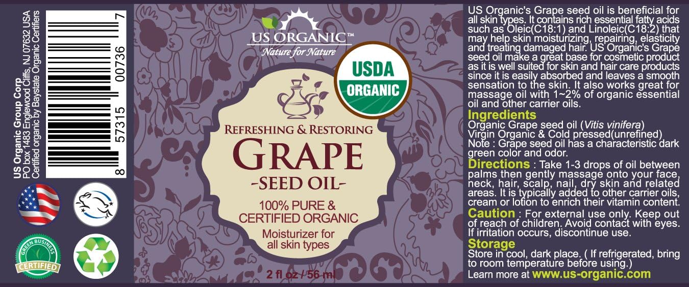 US Organic Grape Seed Oil, USDA Certified Organic, 100% Pure & Natural, Cold Pressed Virgin, Unrefined, in Amber Glass Bottle w/Glass Eyedropper for Easy Application (2 oz (56 ml))