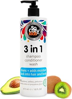 SoCozy 3 in 1 Kids Shampoo + Conditioner + Body Wash (16 Fl Oz) Gentle, Hydrating Hair & Body Cleanser with Keratin, Vitamin B5, & Kiwi Extract, Paraben & Sulfate-Free