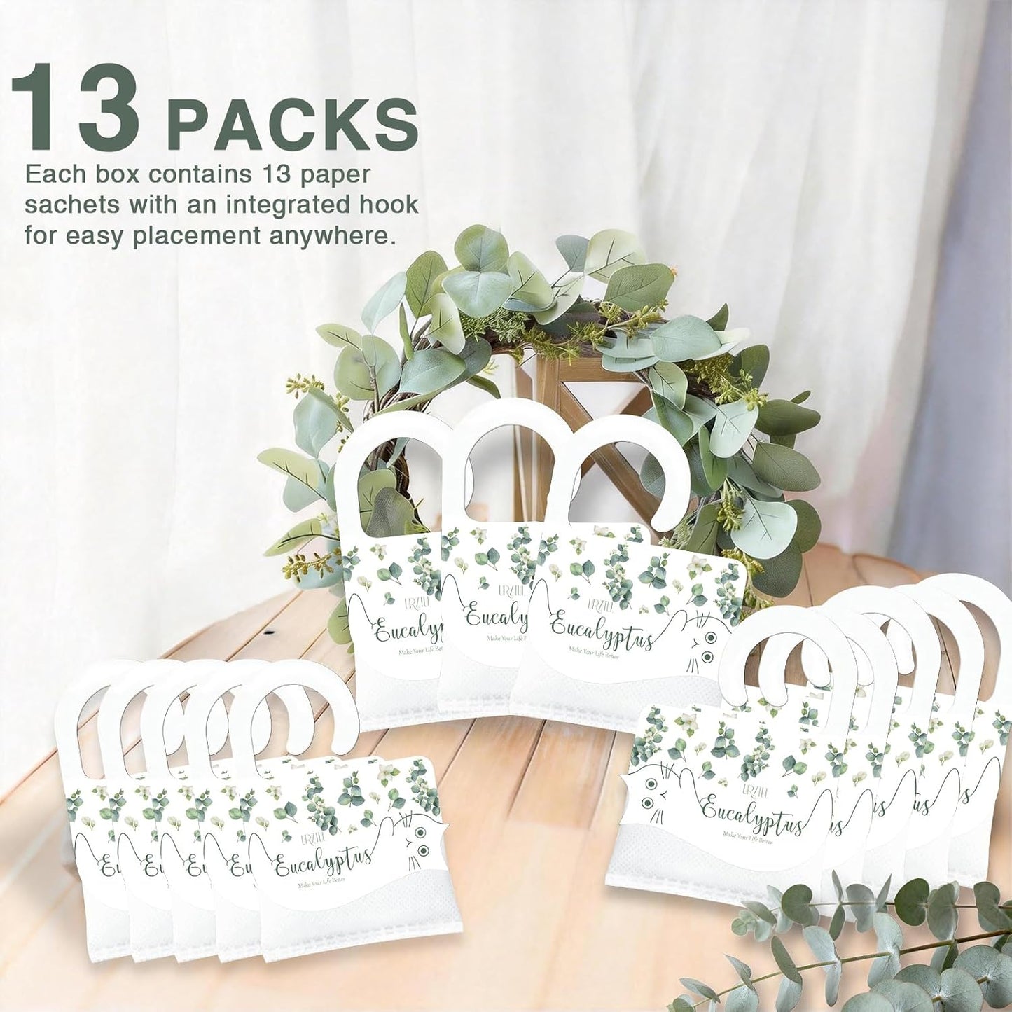 13 PCS Eucalyptus Scented Sachets, Long Lasting Hanging Air Freshener Bags for Closet, Drawer, Shoe Cabinet, Car & Bathroom, Odor Eliminator & Home Fragrance Potpourri Bag