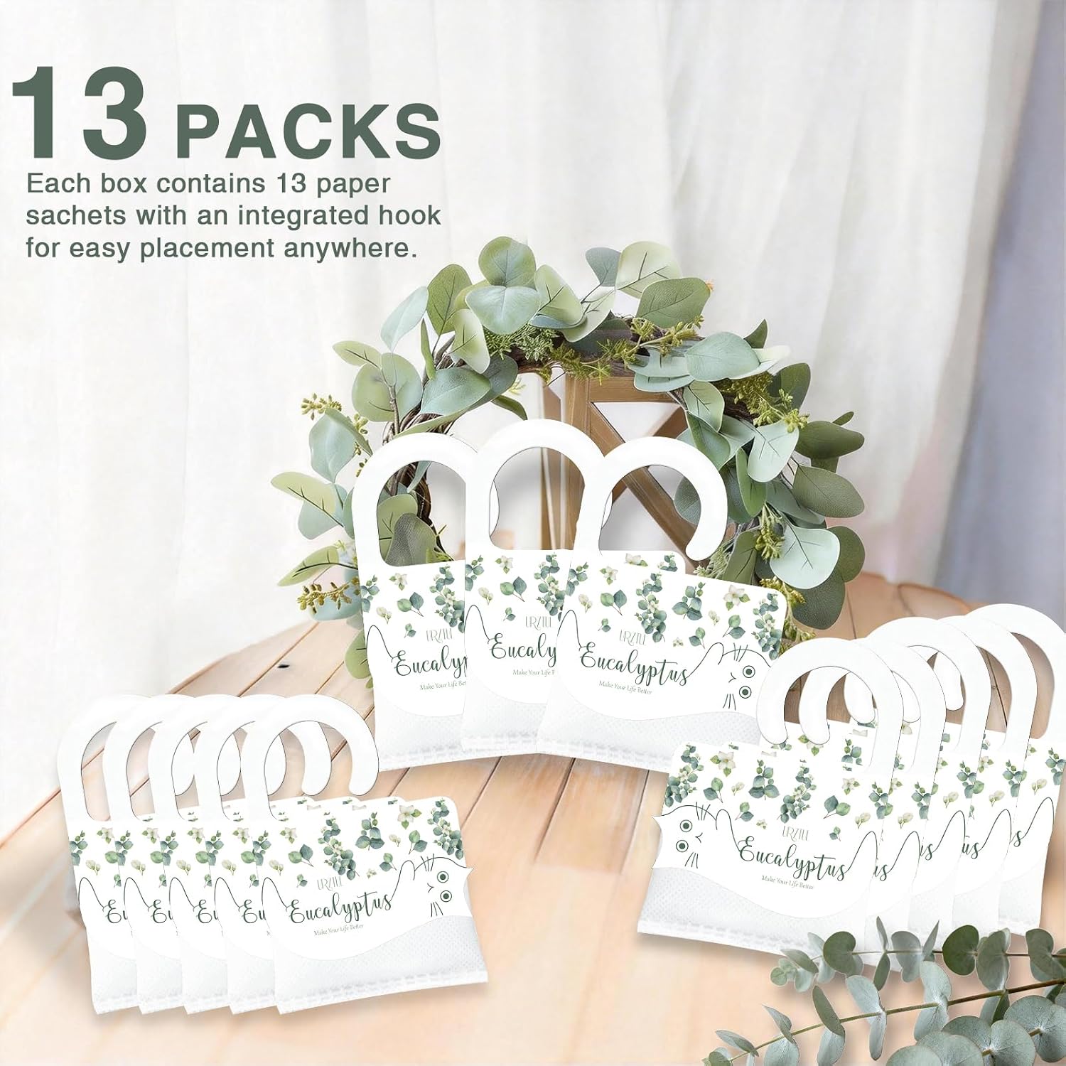 13 PCS Eucalyptus Scented Sachets, Long Lasting Hanging Air Freshener Bags for Closet, Drawer, Shoe Cabinet, Car & Bathroom, Odor Eliminator & Home Fragrance Potpourri Bag