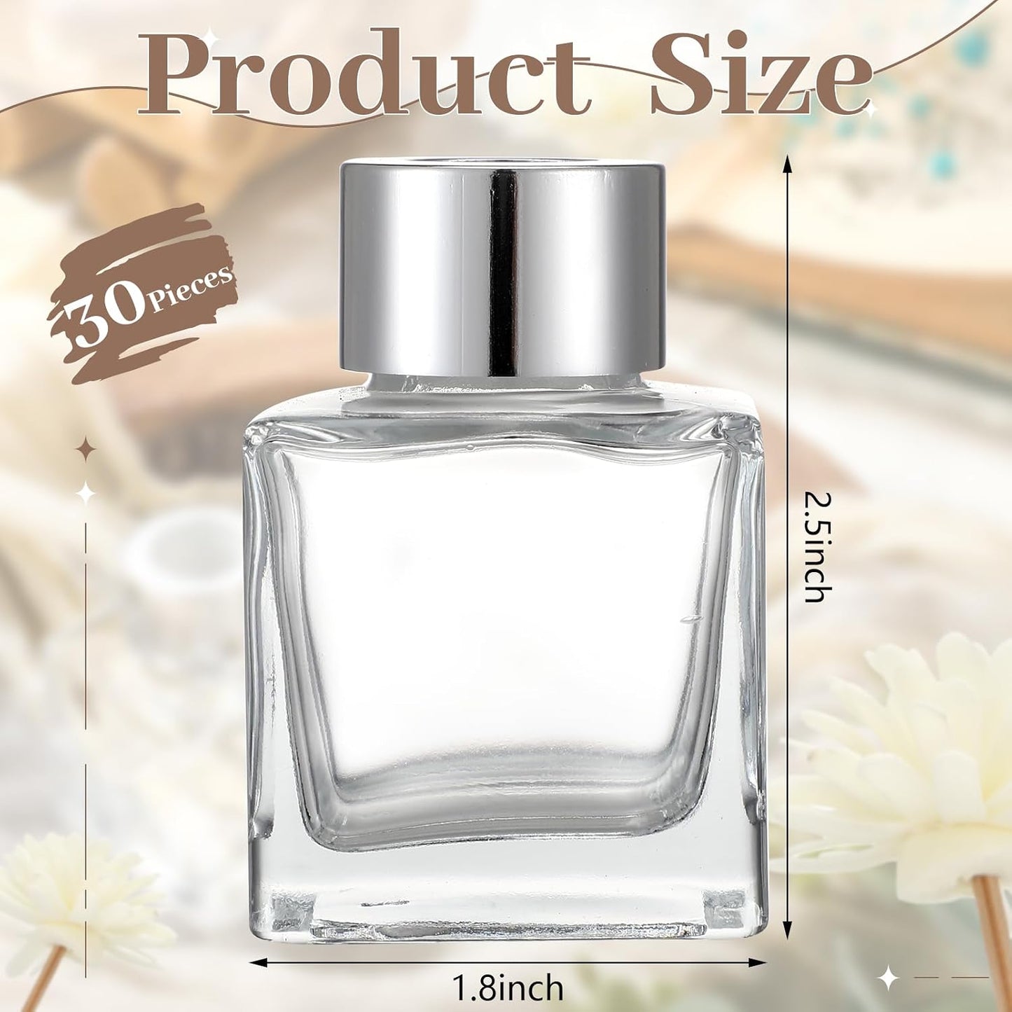 Sabary 30 Set Square Glass Diffuser Bottles with Silver Caps Refillable Diffuser Bottles Set 1.7oz Empty Aromatherapy Jar Ideal for Essential Oils Reed Sticks Home Fragrance