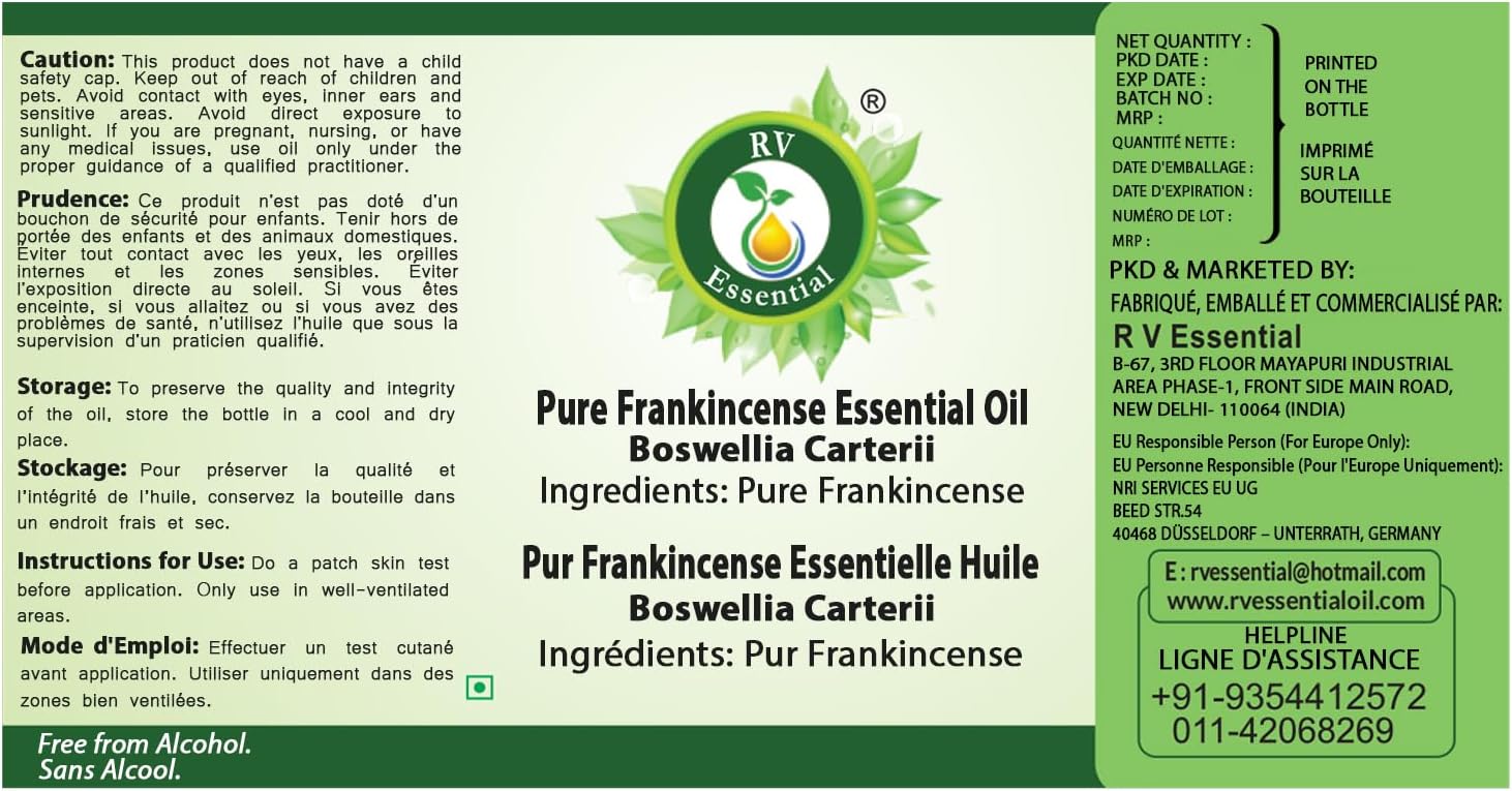 R V Essential Pure Frankincense Essential Oil 15ml (0.507oz)- Boswellia Carterii (100% Pure and Natural Therapeutic Grade)