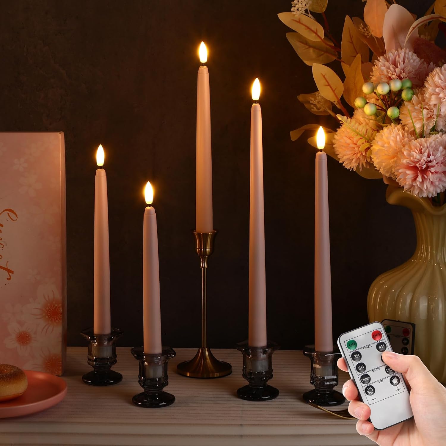 Rossesay 16 Pcs Pink Flameless Taper Candles Battery Operated Candles with Remote Timer 8.5" 9.6" 10.8" 12.8" Multiple Sizes Pink LED Flickering Candlestick for Wedding Centerpieces Party Decor