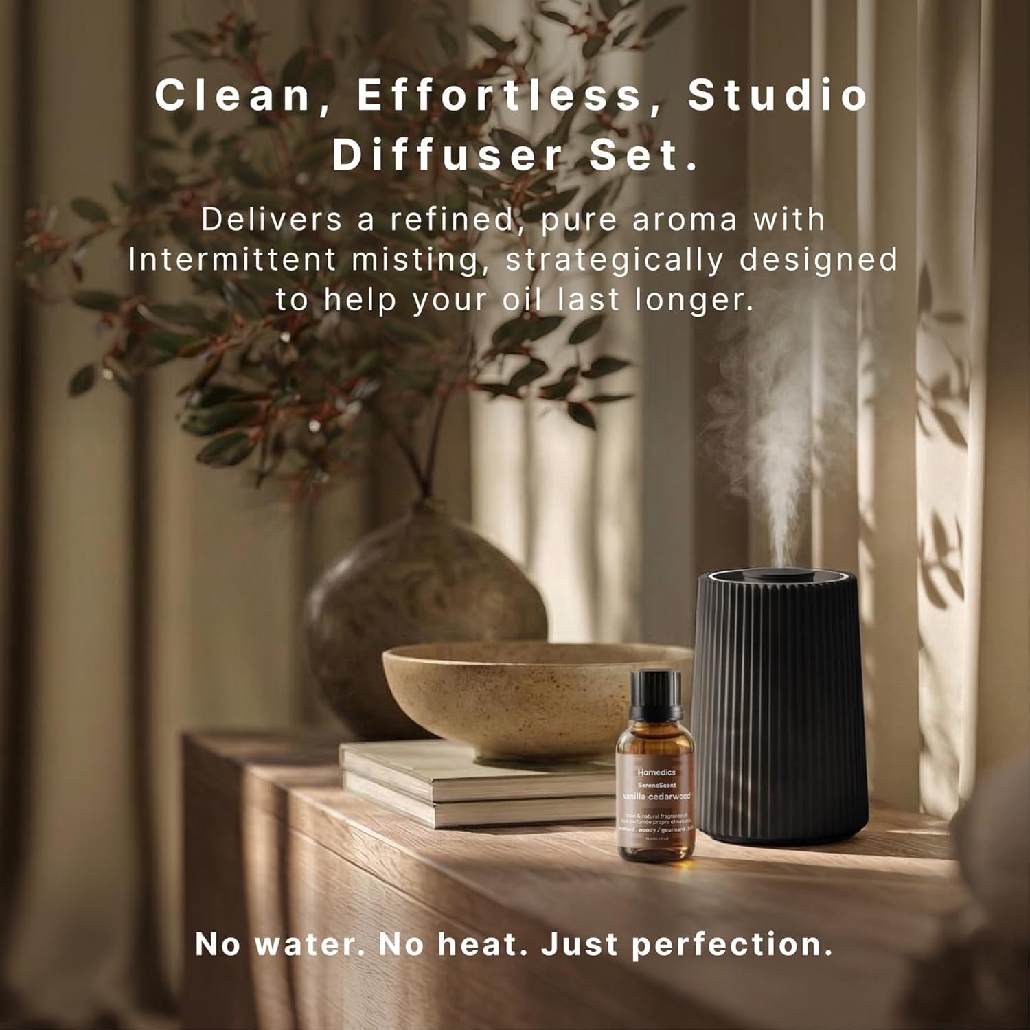 Homedics Waterless Essential Oil Diffuser with 15ml Vanilla Cedarwood Fragrance Oil. SereneScent Cordless Cold Air Scent Diffuser Starter Kit with Ambient Light, Studio 671 (Black)