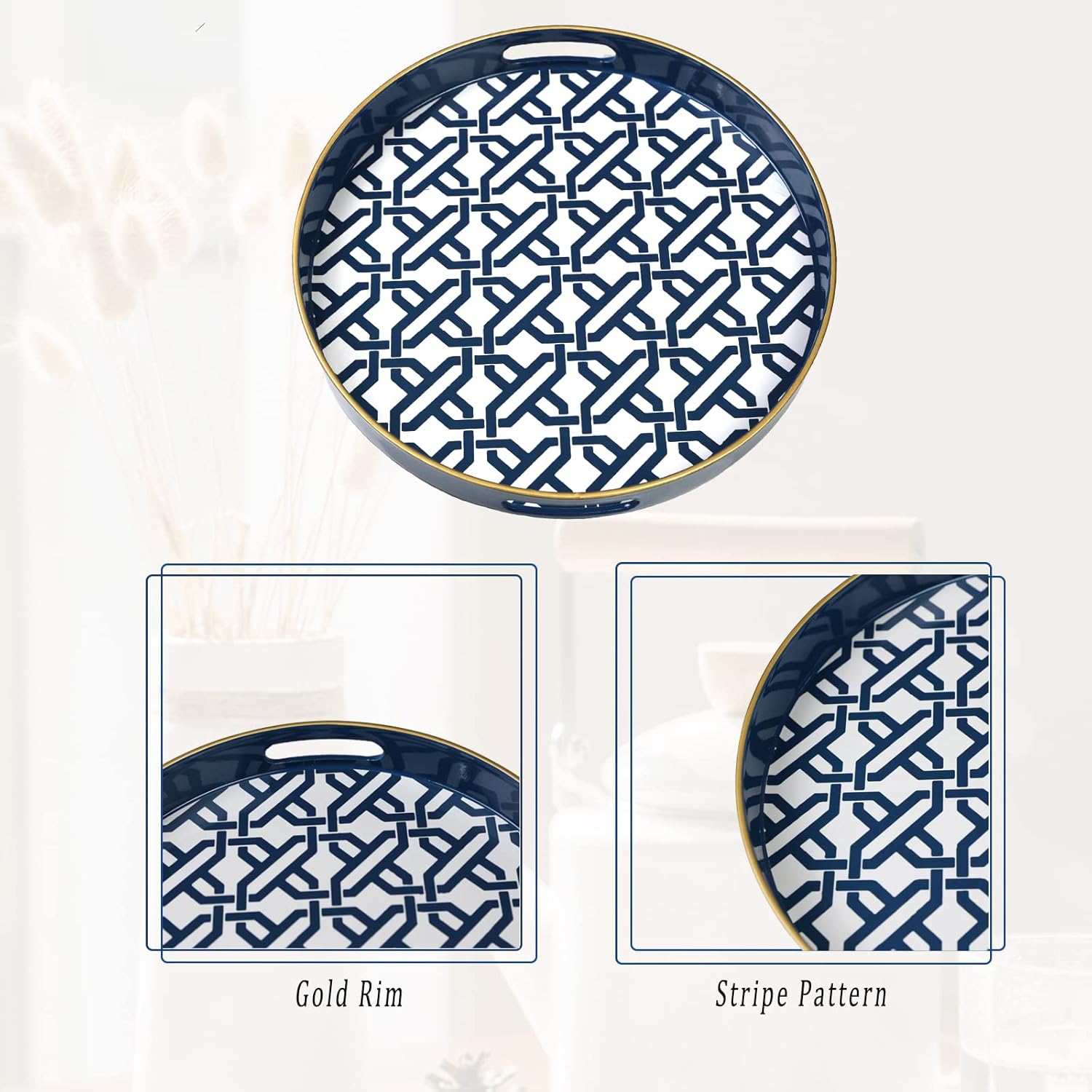 Spsyrine Round Decorative Tray, Plastic Serving Table Tray with Handles for Ottoman, Coffee Table, Bathroom, Kitchen, Living Room, White