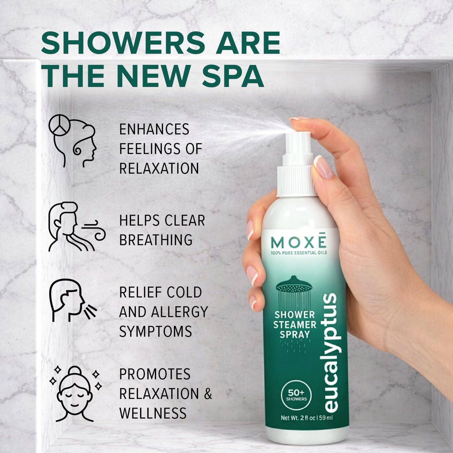 MOXĒ Shower Steamer Spray Eucalyptus Essential Oil Shower Spray – Relaxing Aromatherapy Mist for Home Spa Experience – Pure Plant Based Fragrance for Daily Routine – 1 Pack, 2oz