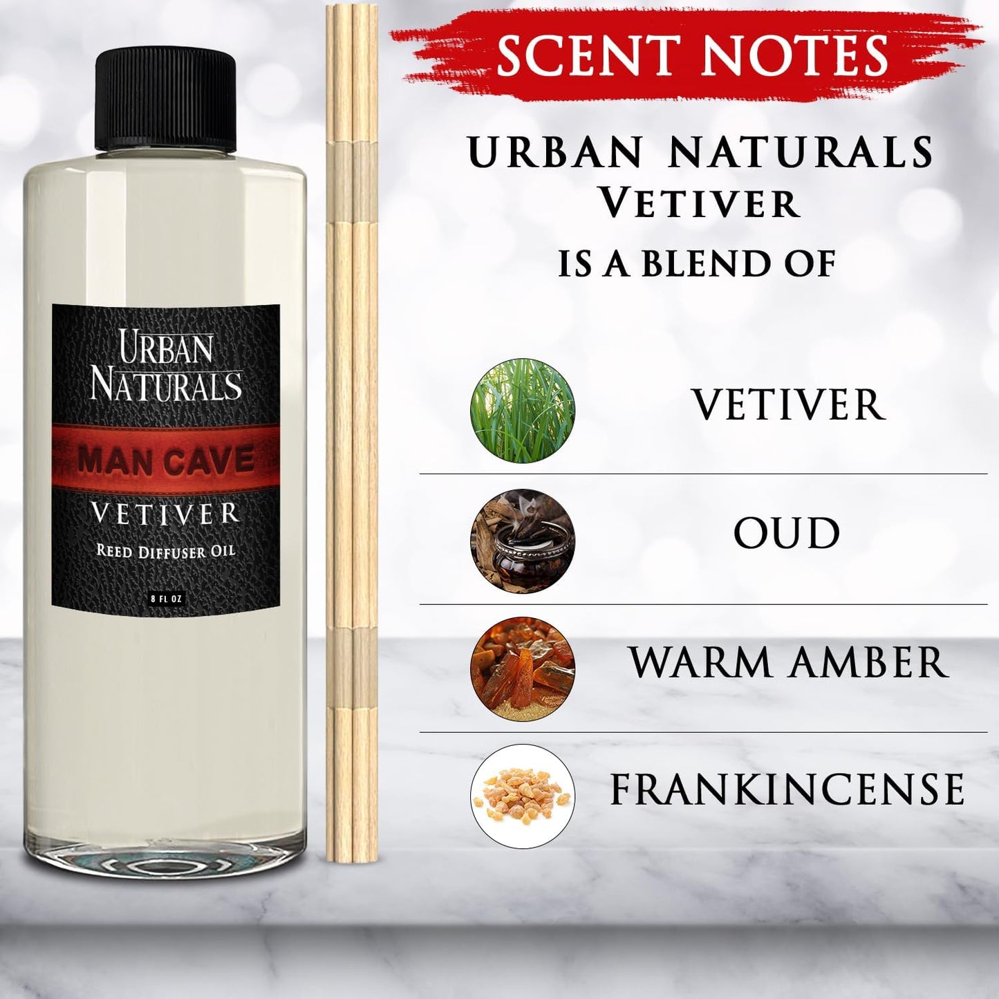 Urban Naturals Reed Diffuser Oil Refill Man Cave Vetiver with Oud, Amber, Frankincense 8 oz + Free Reed Sticks, Made in the USA