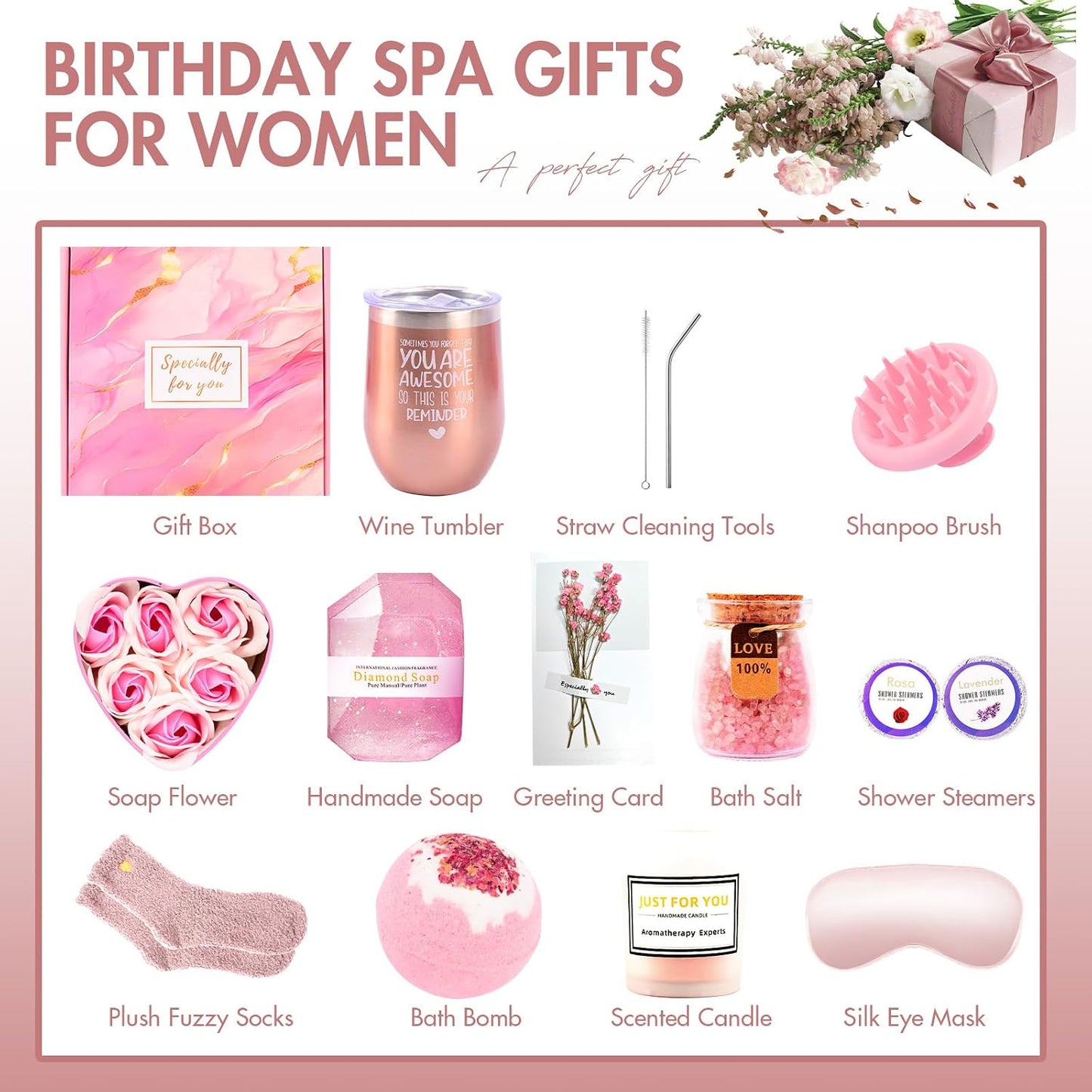 12 Piece Spa Gifts Set for Women, Self Care Gift Basket for Mom Wife Her, Relaxing Gifts with Eye Mask, Water Bottle, Bath Bombs, Aromatherapy for Valentines Day, Birthday, Christmas (Rose)