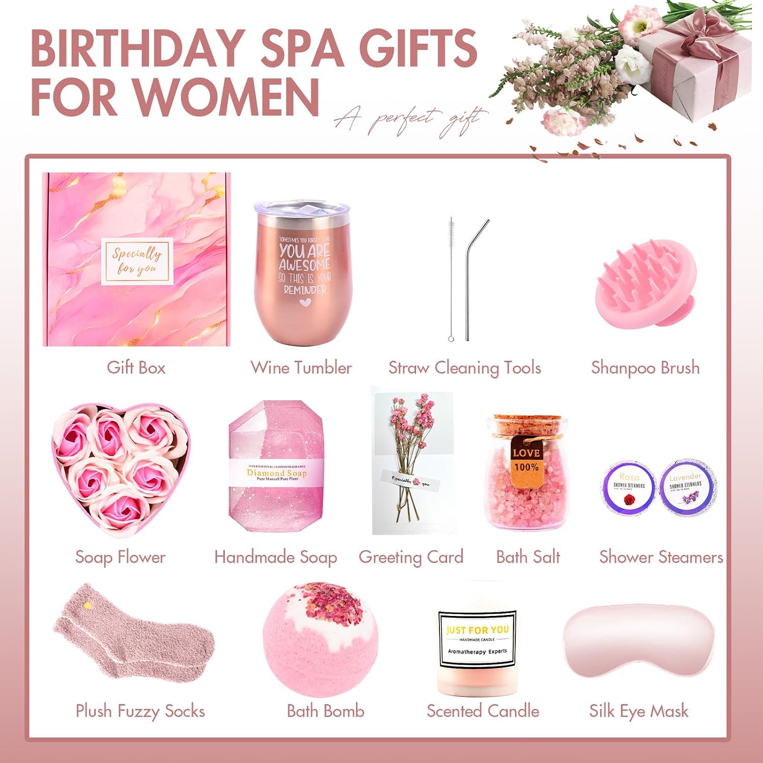 12 Piece Spa Gifts Set for Women, Self Care Gift Basket for Mom Wife Her, Relaxing Gifts with Eye Mask, Water Bottle, Bath Bombs, Aromatherapy for Valentines Day, Birthday, Christmas (Rose)