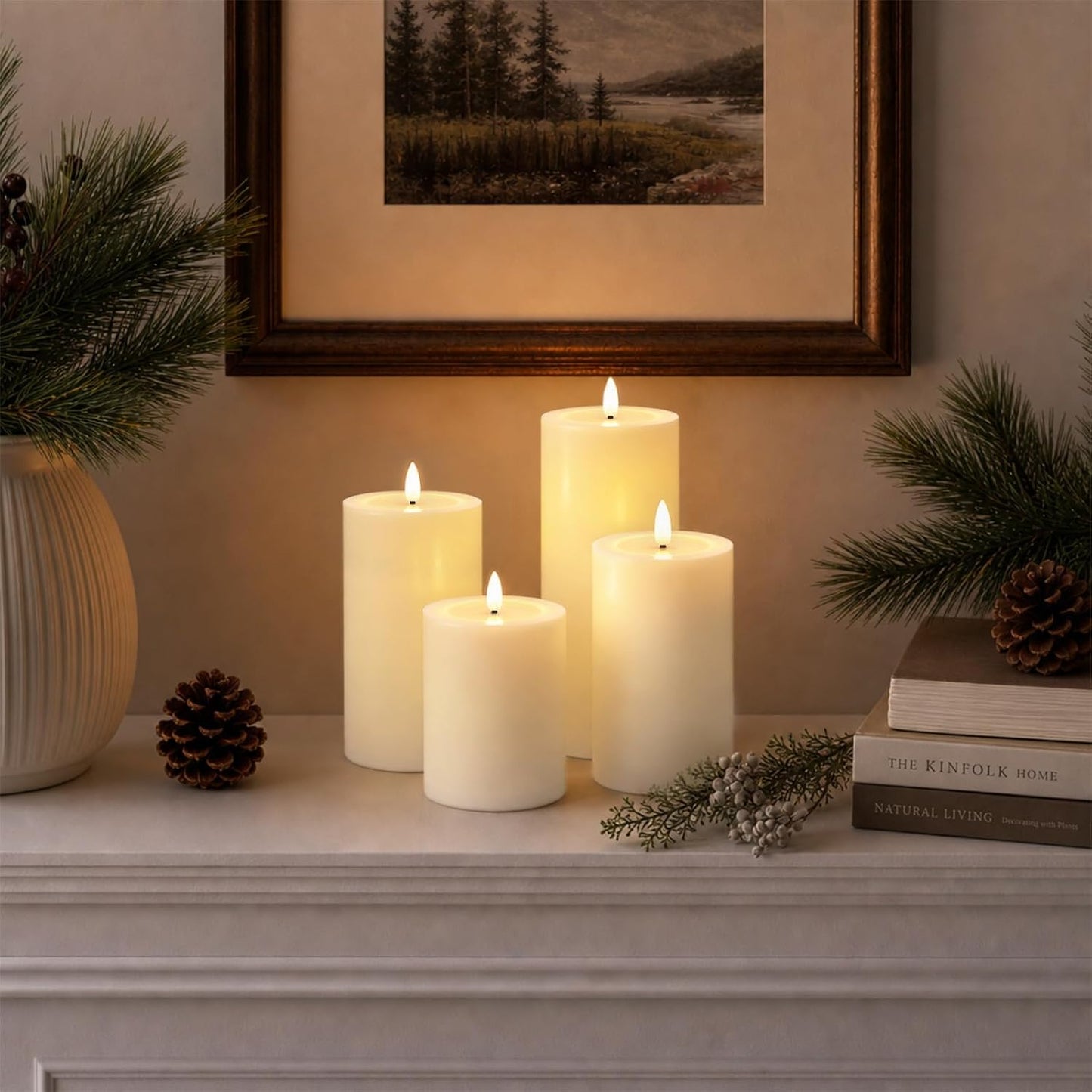Outdoor Waterproof Flameless Candles with Remote and Timer, 4 Pack Battery Operated LED Flickering Pillar Candles, Fake Plastic Candles with Wax Effect for Lanterns, Indoor,(Ivory, 3" x4" 5" 6" 8")