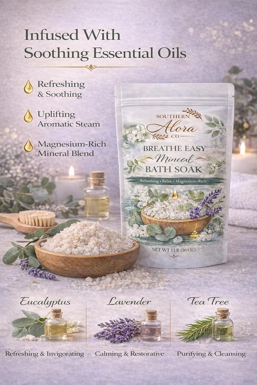 Southern Alora Bath Salts for Women Relaxing – Epsom Salt Bath Soak with Magnesium & Dead Sea Minerals, Aromatherapy Bath Soak for Stress Relief & Muscle Recovery, Breathe Easy Scent