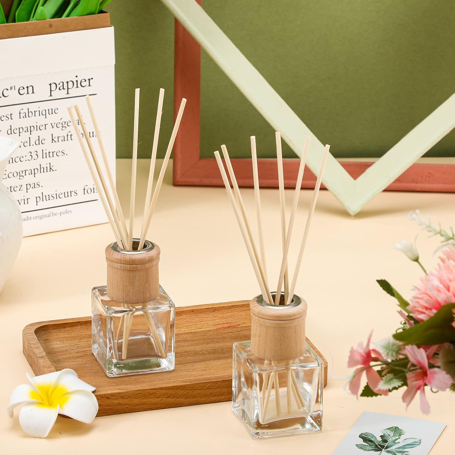 Roshtia 2 Set Reed Diffuser Bottle Empty Refillable Fragrance Glass Diffuser Bottles with Wooden Caps Rattan Sticks 50ml 1.7 oz Square Glass Jars for DIY Fragrance