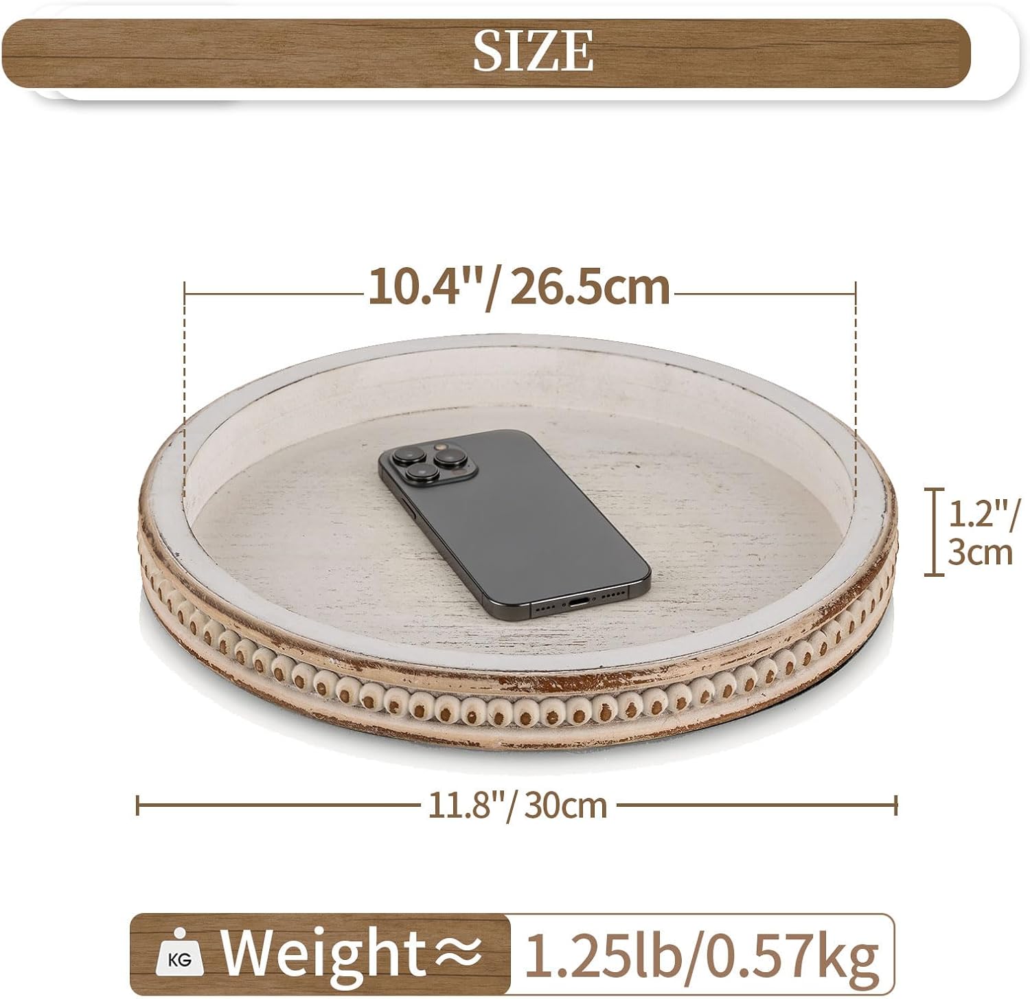 Hanobe Decorative Tray for Coffee Table: 10.5-Inch Round Whitewashed Wood Tray for Rustic Farmhouse Living Room Kitchen Island Entryway Home Decor