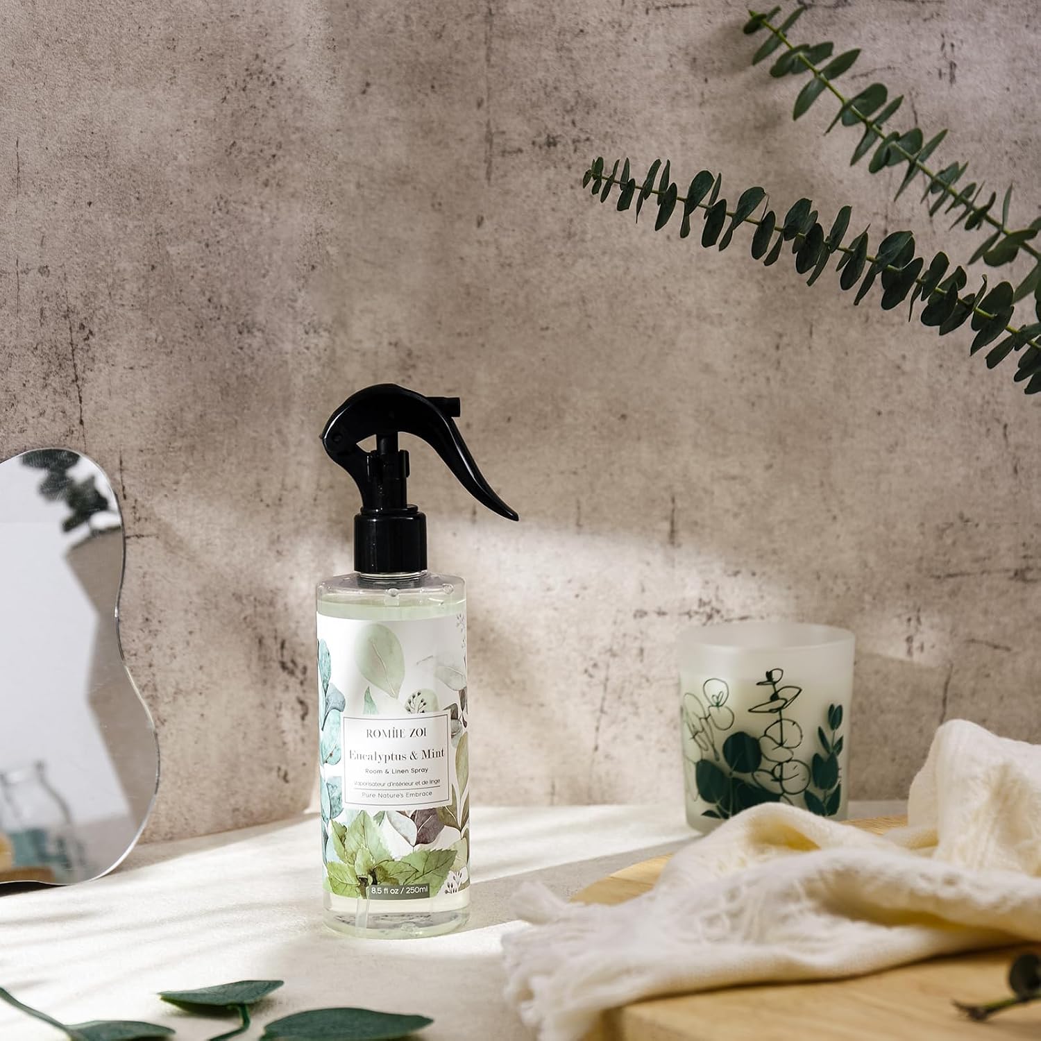 ROMIIE ZOI Linen & Room Air Freshener Spray Room Mist, with Natural Plant Extract, Eucalyptus & Mint Scent, 8.5 FL OZ.