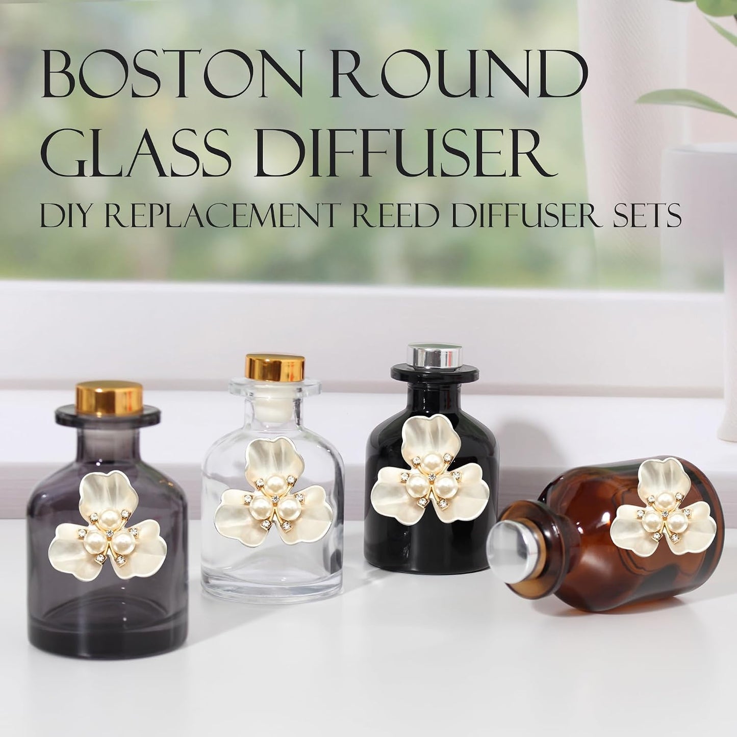Empty Fragrance Glass Reed Diffuser Bottles 100ml/3.5oz 4 Pack with 12pcs Reed Diffuser Sticks,Refillable,Aromatherapy Storage Containers,DIY Replacement for Reed Diffuser Sets(4 Color)