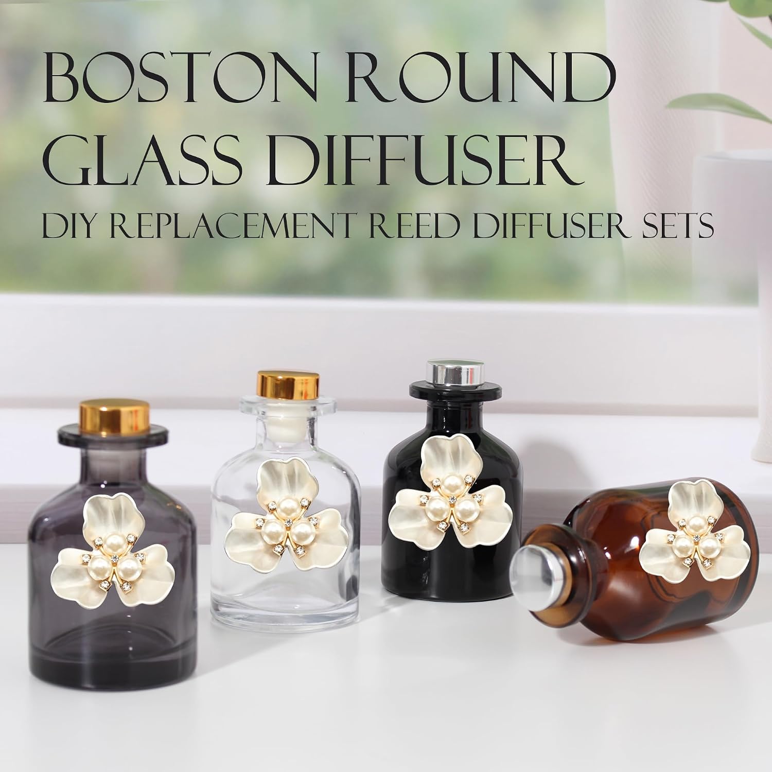 Empty Fragrance Glass Reed Diffuser Bottles 100ml/3.5oz 4 Pack with 12pcs Reed Diffuser Sticks,Refillable,Aromatherapy Storage Containers,DIY Replacement for Reed Diffuser Sets(4 Color)