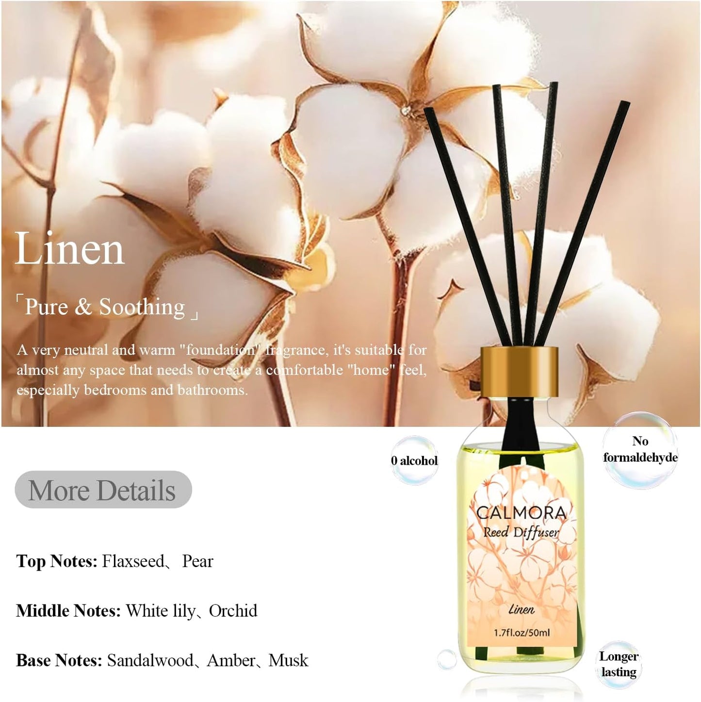 CALMORA Reed Diffuser Set of 3, 50ml Citrus/Linen/Vanilla Scented Oil Diffuser with 15 Sticks | Home Fragrance for Bedroom, Bathroom, Office & Living Room for Women Men