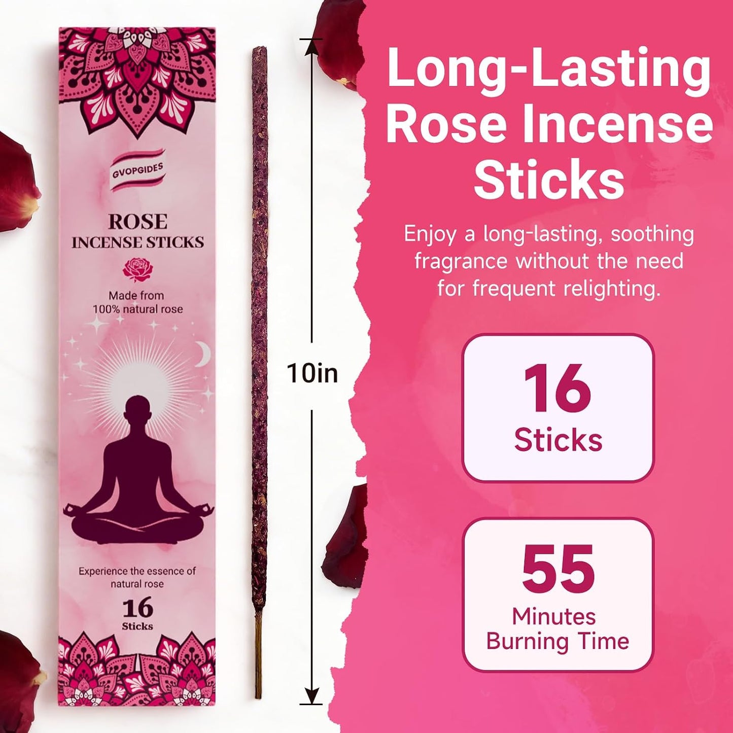 Rose Incense Sticks Natural - 16 Sticks Handcrafted Rose Sticks for Relaxation, Meditation, Yoga, Spiritual Purification & Home Ambiance | inciensos aromaticos para la casa