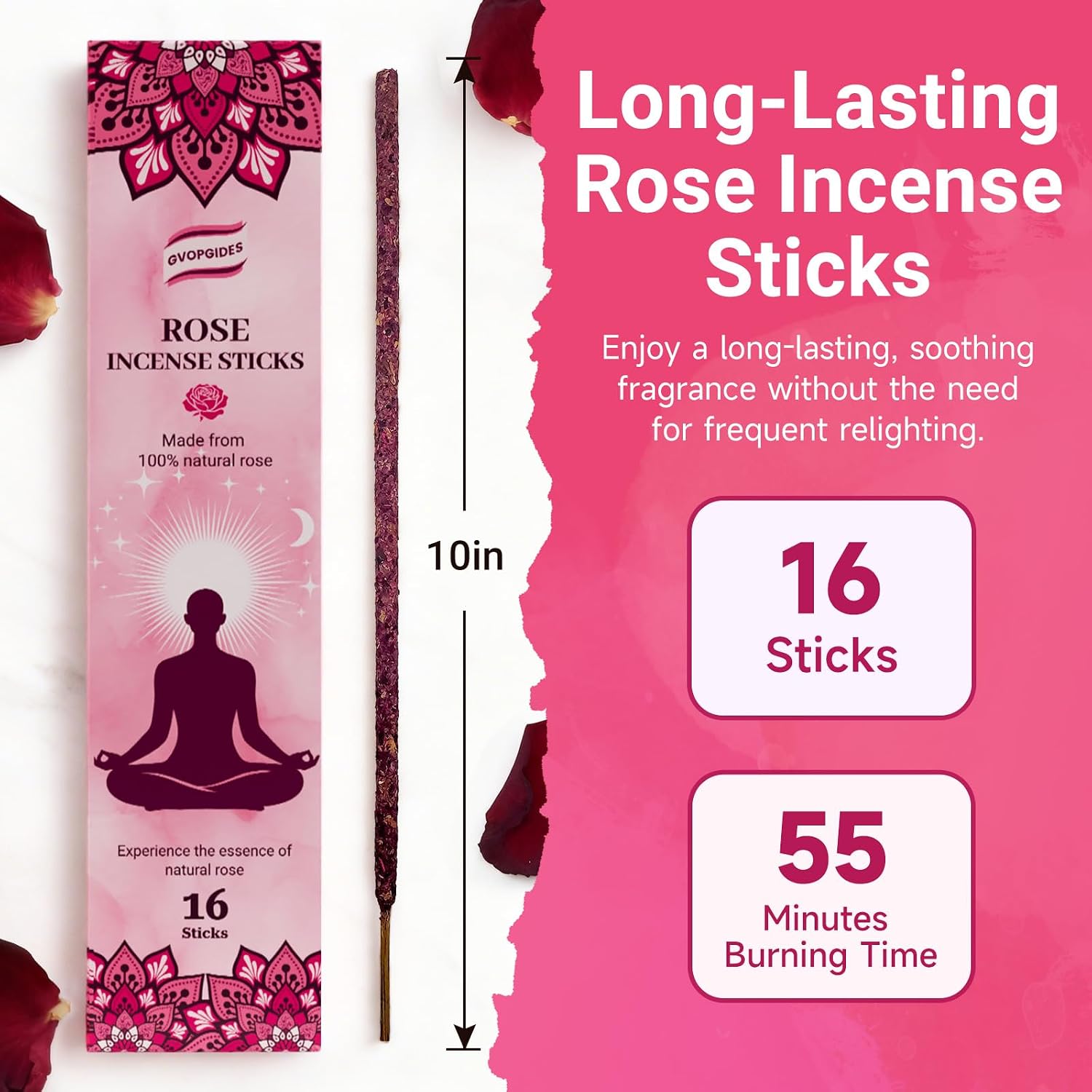 Rose Incense Sticks Natural - 16 Sticks Handcrafted Rose Sticks for Relaxation, Meditation, Yoga, Spiritual Purification & Home Ambiance | inciensos aromaticos para la casa
