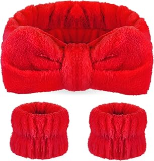 Hanaive 3 Pcs Face Wash Headband and Wristband Set Bow Spa Headbands Face Wash Arm Cuffs for Women Makeup Skincare Bath Headbands Wrist Bands for Washing Sleepover Party Supplies(Red)