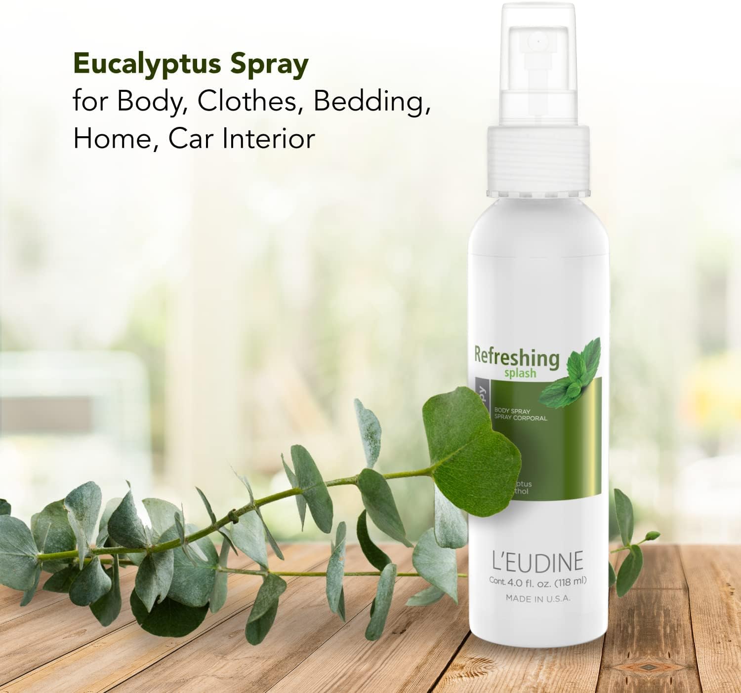 L’EUDINE Refreshing Splash - Pack of 3 - Air Freshener Spray – 4fl oz, Eucalyptus Spray for Body, Clothes, Bedding, Home, Car – Great for Blocked Airways, Nasal Congestion – Pleasant Menthol Notes