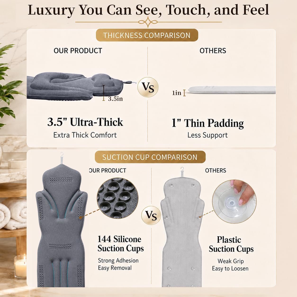 Luxury Full Body Bath Pillow for Bathtub, Extra Long & Wide 3.7" Ultra-Thick Ergonomic Spa Cushion, 5D Air Mesh Tub Pillow with 114 Suction Cups, Washable with Laundry Bag & Hook, 59 x 20 in