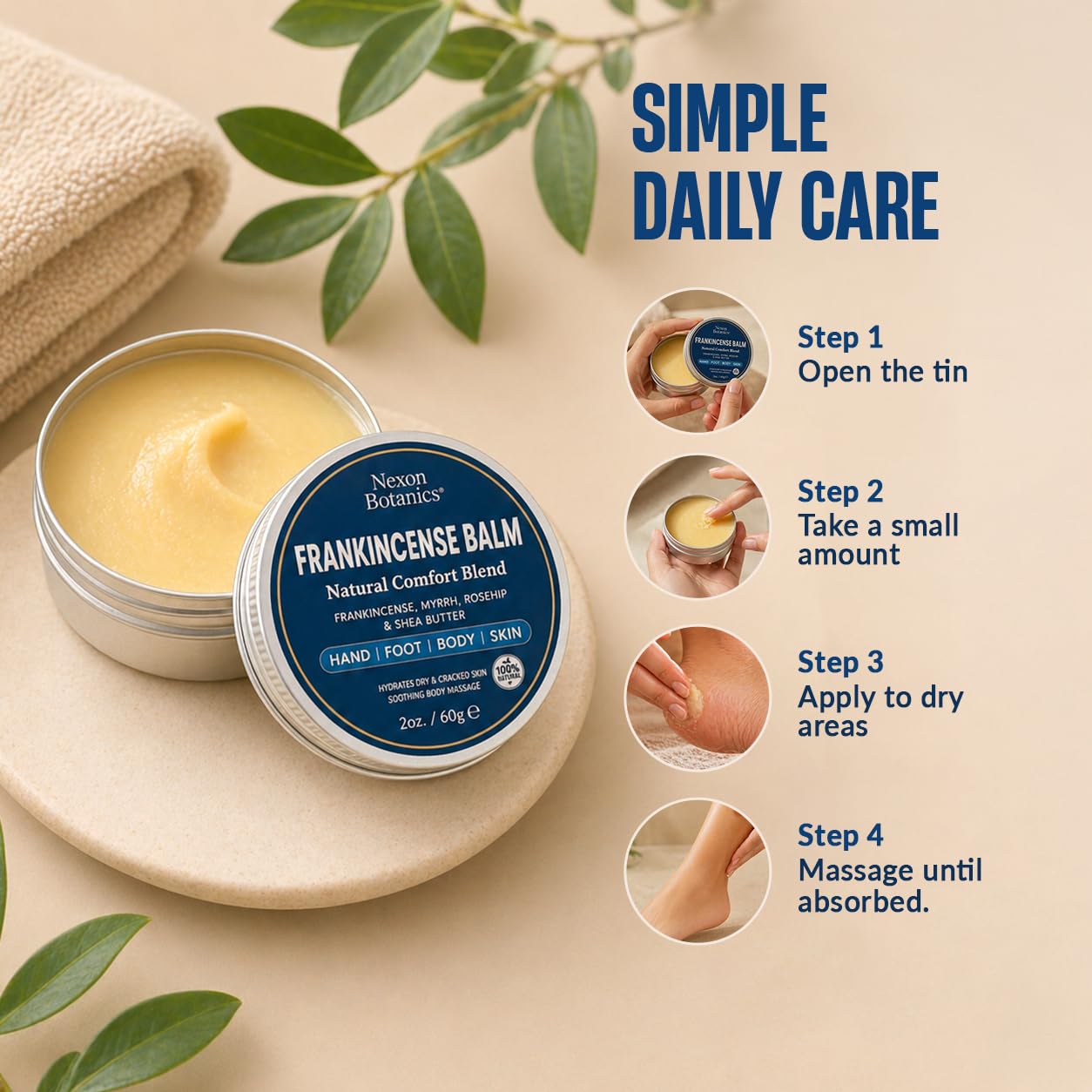Frankincense Balm 2 fl oz - Soothing Muscle Comfort and Deep Hydration for Dry Skin with Myrrh, Calendula, Bisabolol, Rosehip & Vitamin E - Nexon Botanics