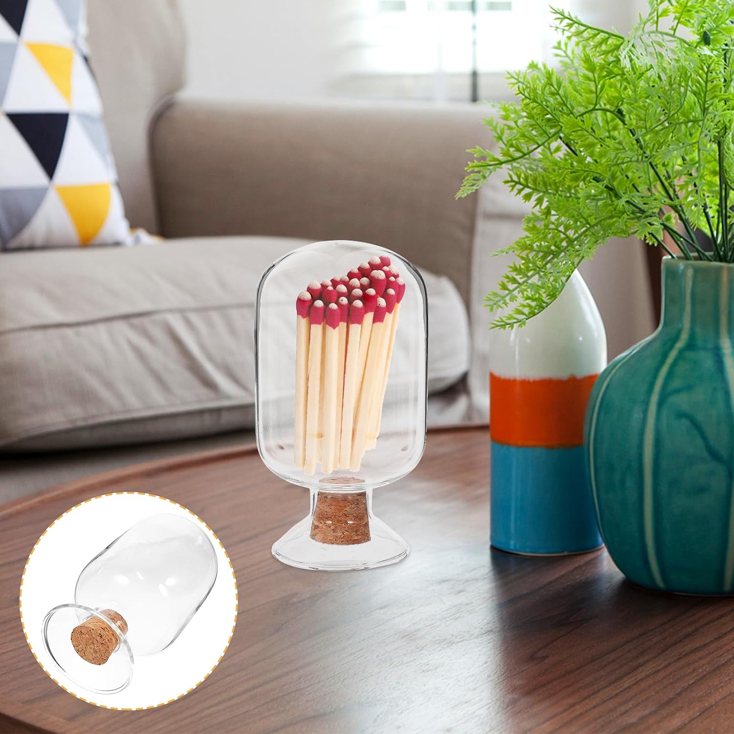Glass Match Storage Jar with Cork Stopper 125ml, Multi-functional Washable Matchstick Holder for Home Décor and Fireplace Use
