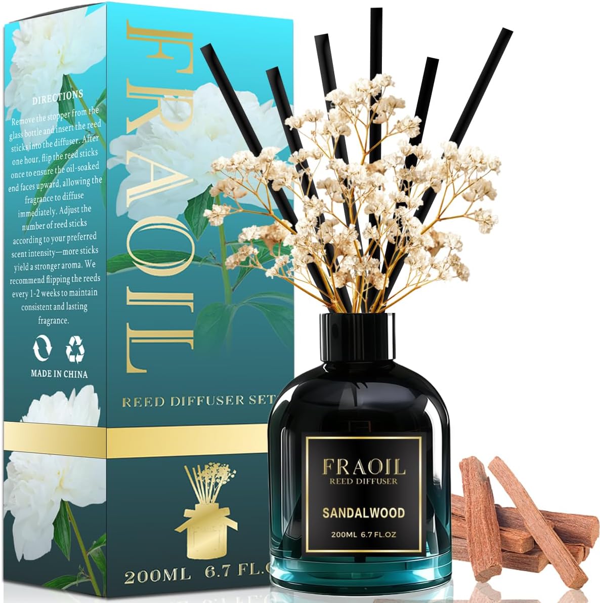 Sandalwood Reed Diffuser, Reed Diffuser Set 6.7 fl oz (200 ml) with 6 Reed Sticks, Home Fragrance Reed Diffuser for Bathroom Shelf House Bedroom Office Decor