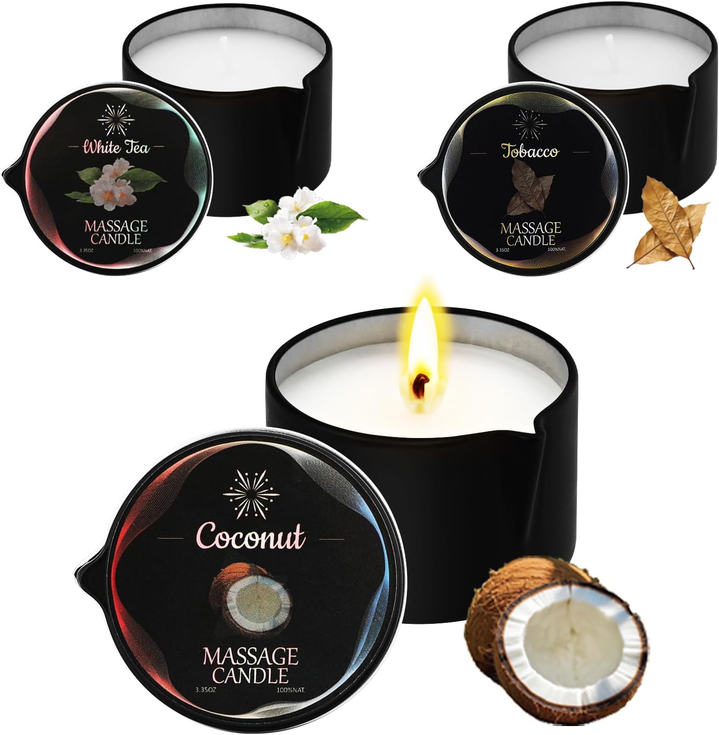 3 Pack Massage Oil Candles, Low Temp Soy Based Massage Candle Set, Assorted Scents for Massage Therapy, Relaxation & Home Spa Self Care