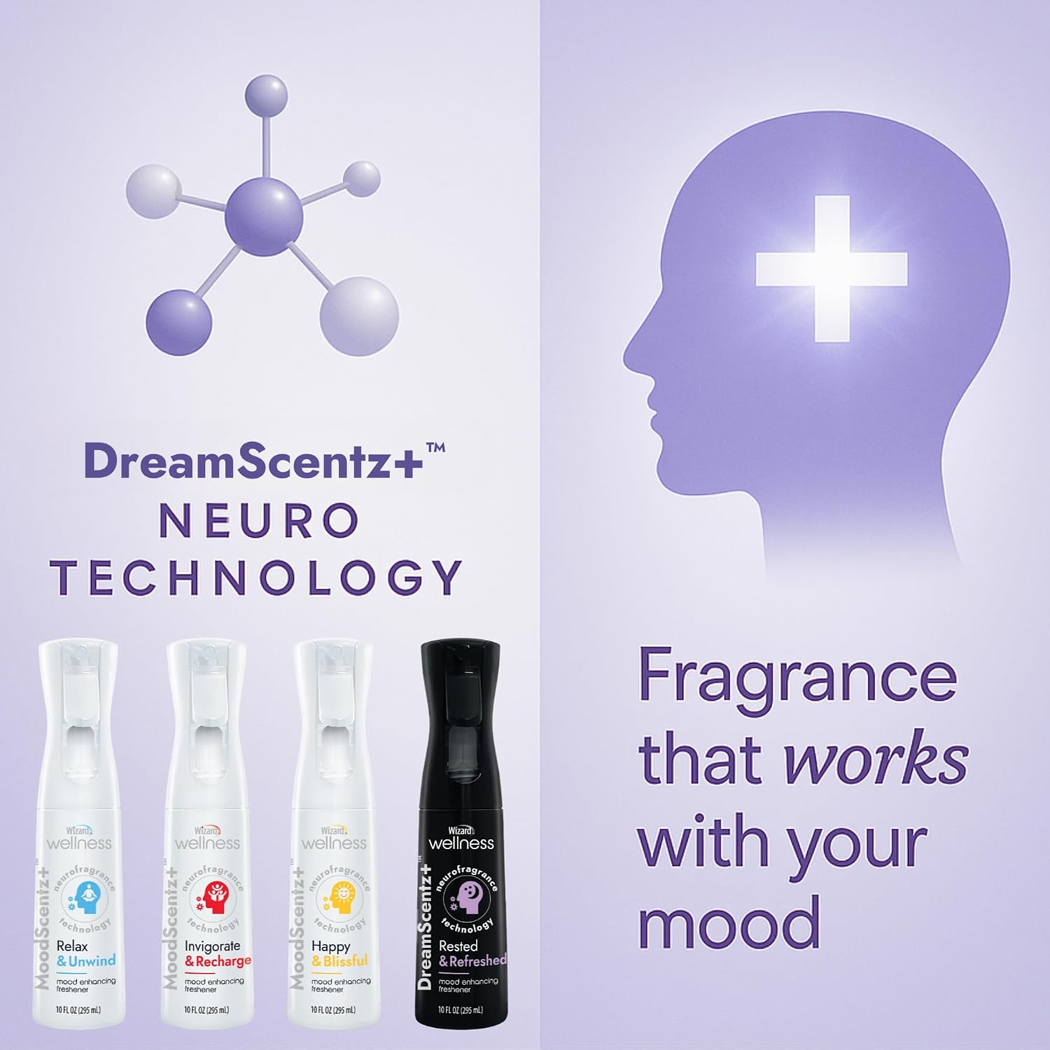 Wizard DreamScentz™ (Rested & Refreshed) Patented Science-Backed Mood-Enhancing Room Mist, Non-Aerosol Continuous Fine-Mist Spray with Neuro-Fragrance Technology – 10 Fl Oz