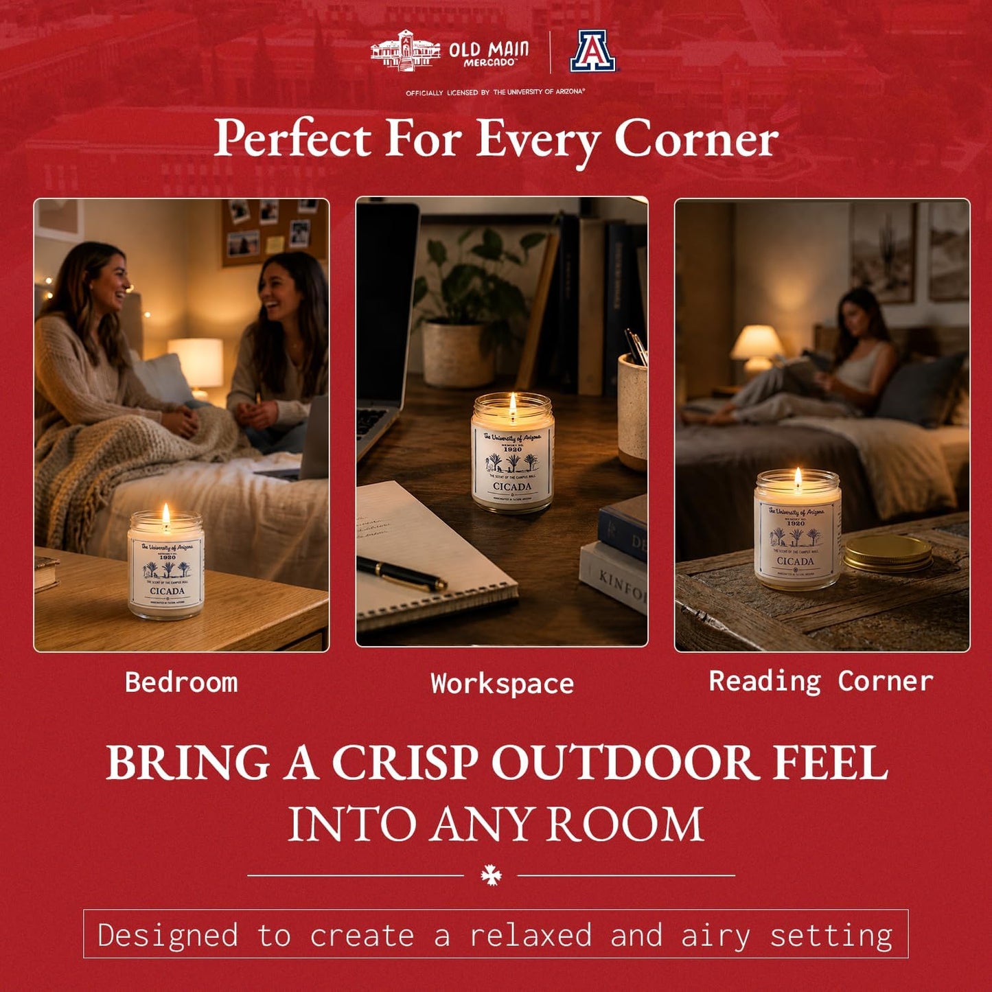 CICADA Campus Mall Scented Candle, Memory No. 1920, University of Arizona Inspired Coconut-Soy Blend Wax, Fresh Cut Grass Green Stems Desert Air Aroma, Hand Poured Arizona Reveries Home Fragrance