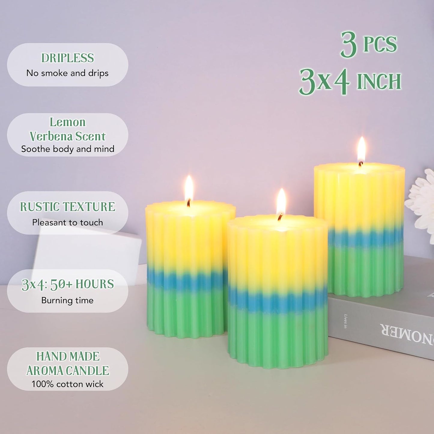 Lemon Verbena Scented Candles, Yellow Blue Green Ombre Ribbed Pillar Candles, 3"x4" Set of 3, Cotton Core Paraffin Wax, 50H+ Long Burning Time|1PC Aromatherapy Candle, Home Bathroom Living Room Decor