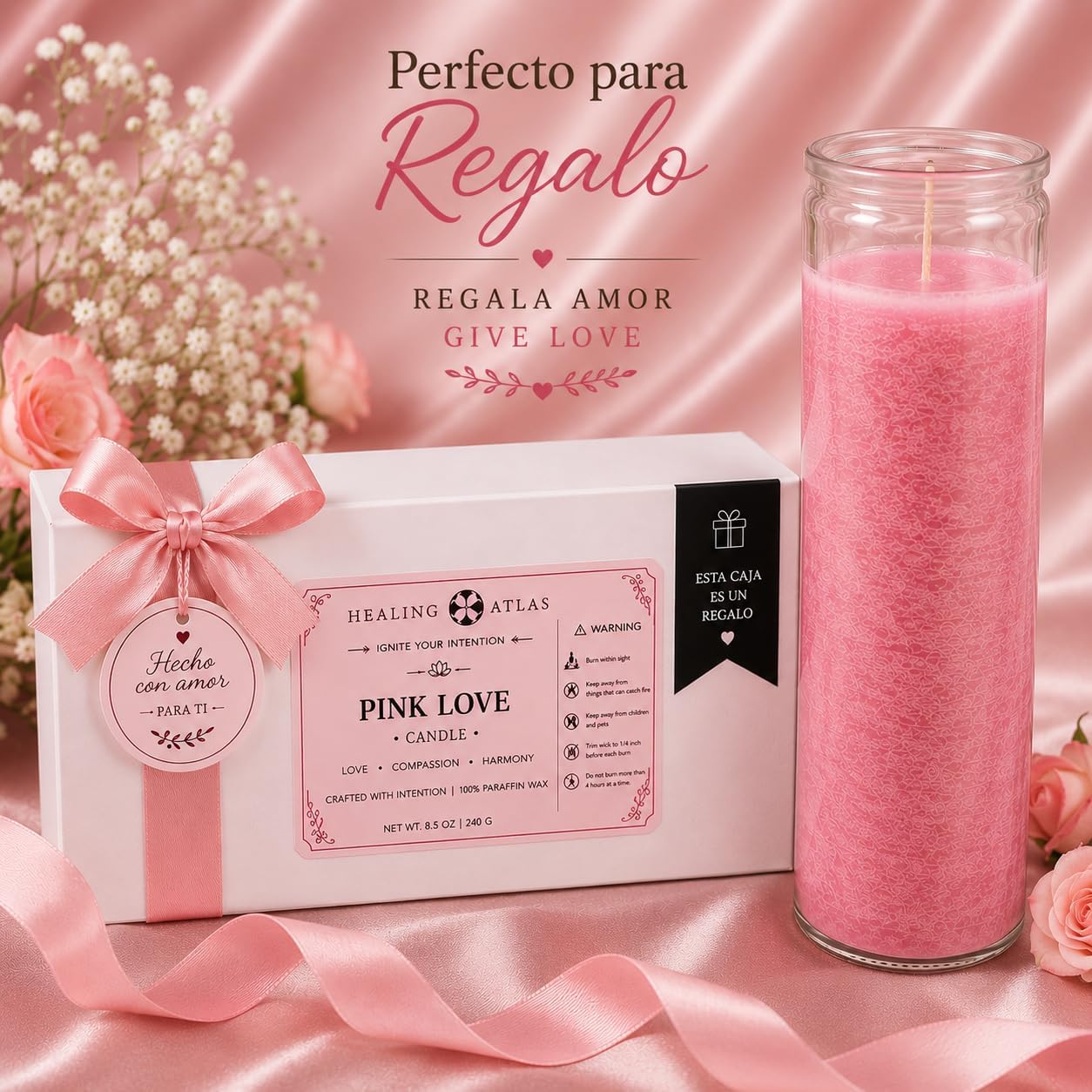 Pink Love Manifestation Candle Kit – 8" Ritual Prayer Candle with Intention Scrolls, Pencil & QR Guide, Self-Love, Harmony & Relationships