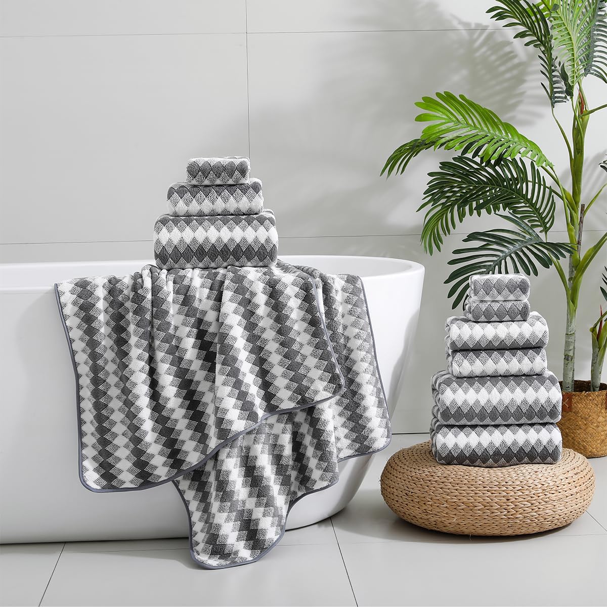 12 Pcs Gray White Diamond Towel Set-4 Bath Towels,4 Hand Towels,4 Washcloths Soft Polyester Towels with Loop Absorbent Shower Towel Quick Dry Beach Chair Towel Family Towels for Bathroom Spa Gym Pool